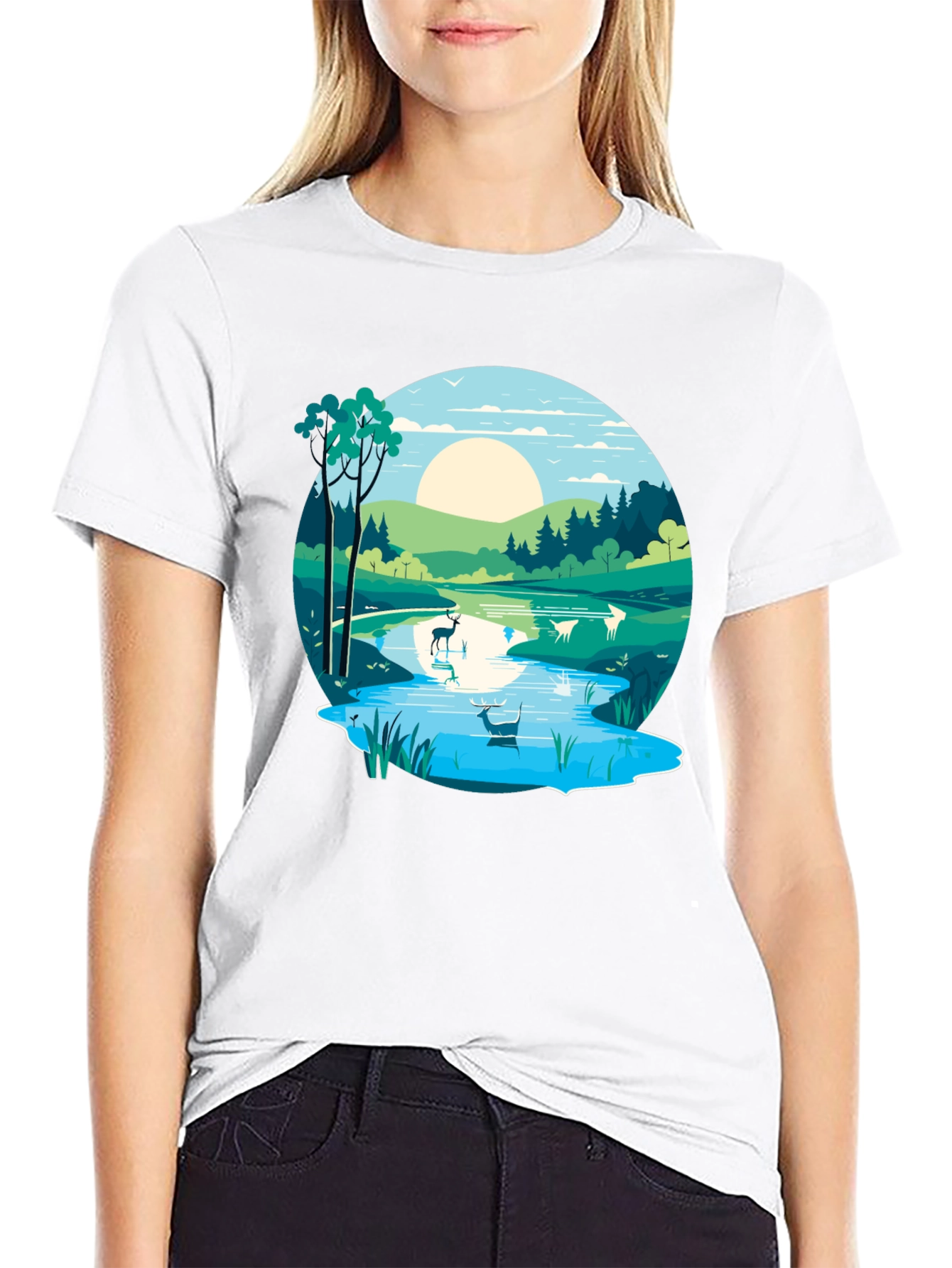 Nature Scene Graphic Tee - Lakeside Deer Design