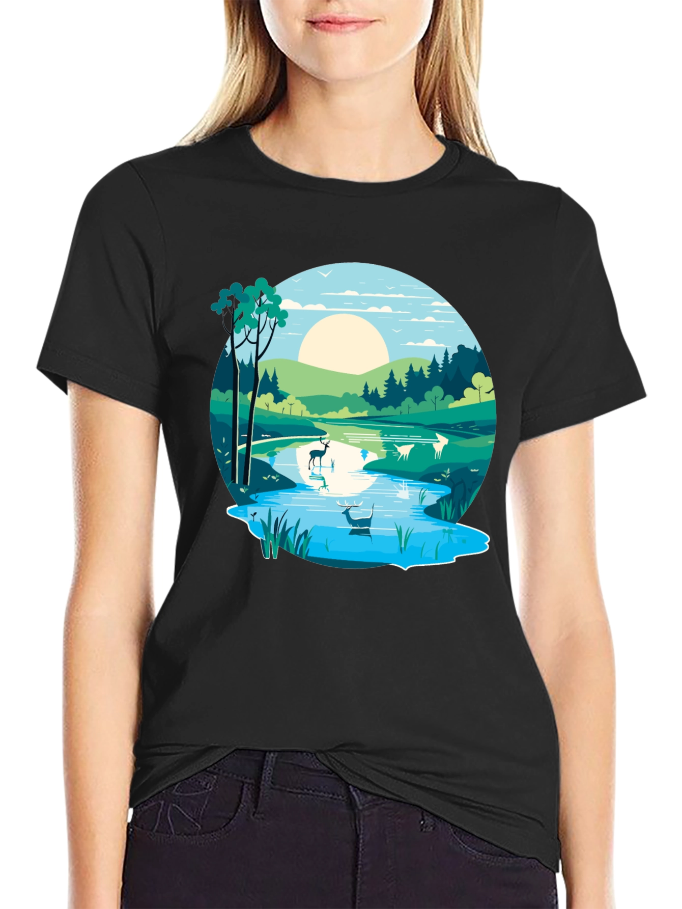 Nature Scene Graphic Tee - Lakeside Deer Design