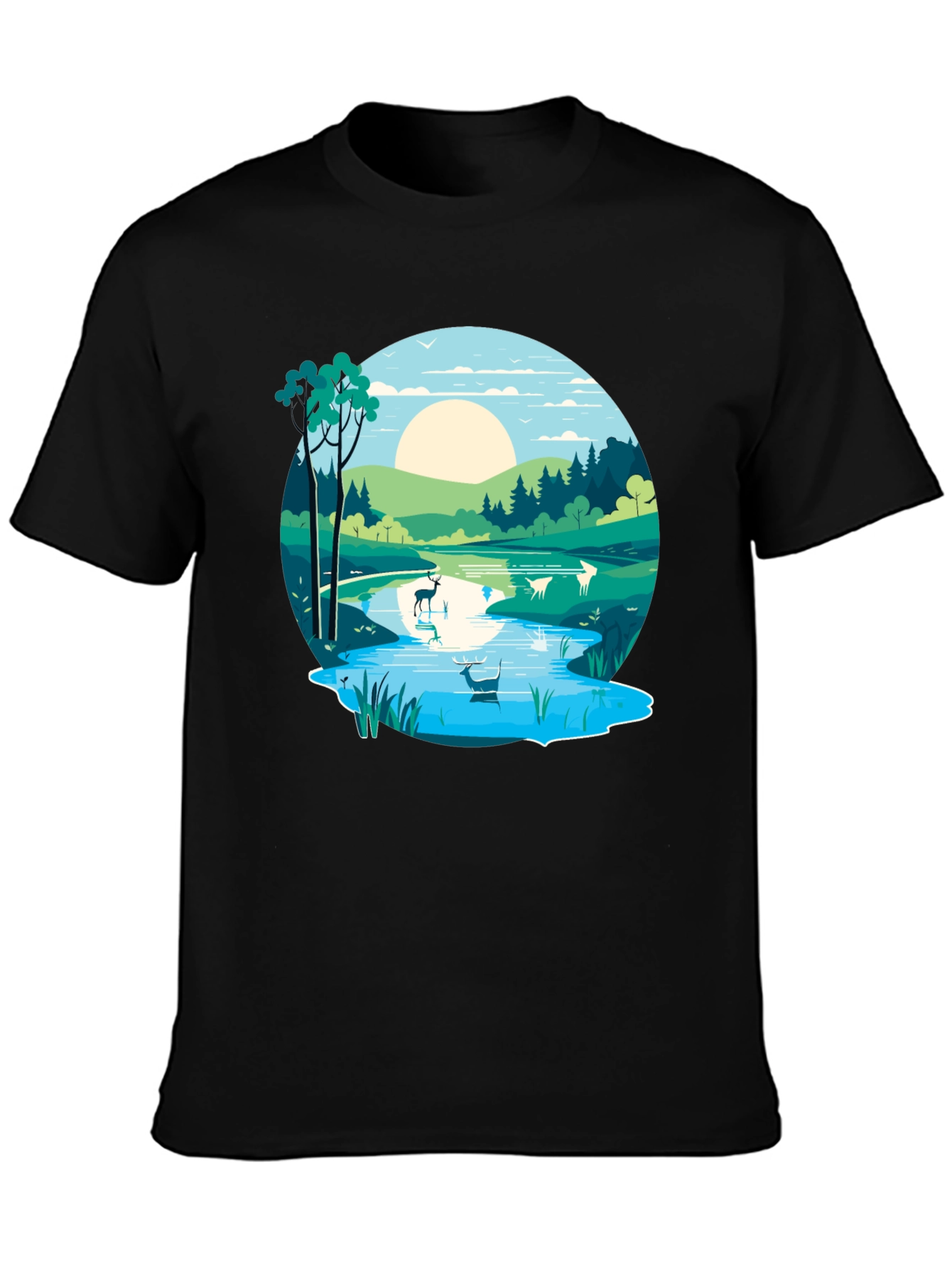 Nature Scene Graphic Tee - Lakeside Deer Design
