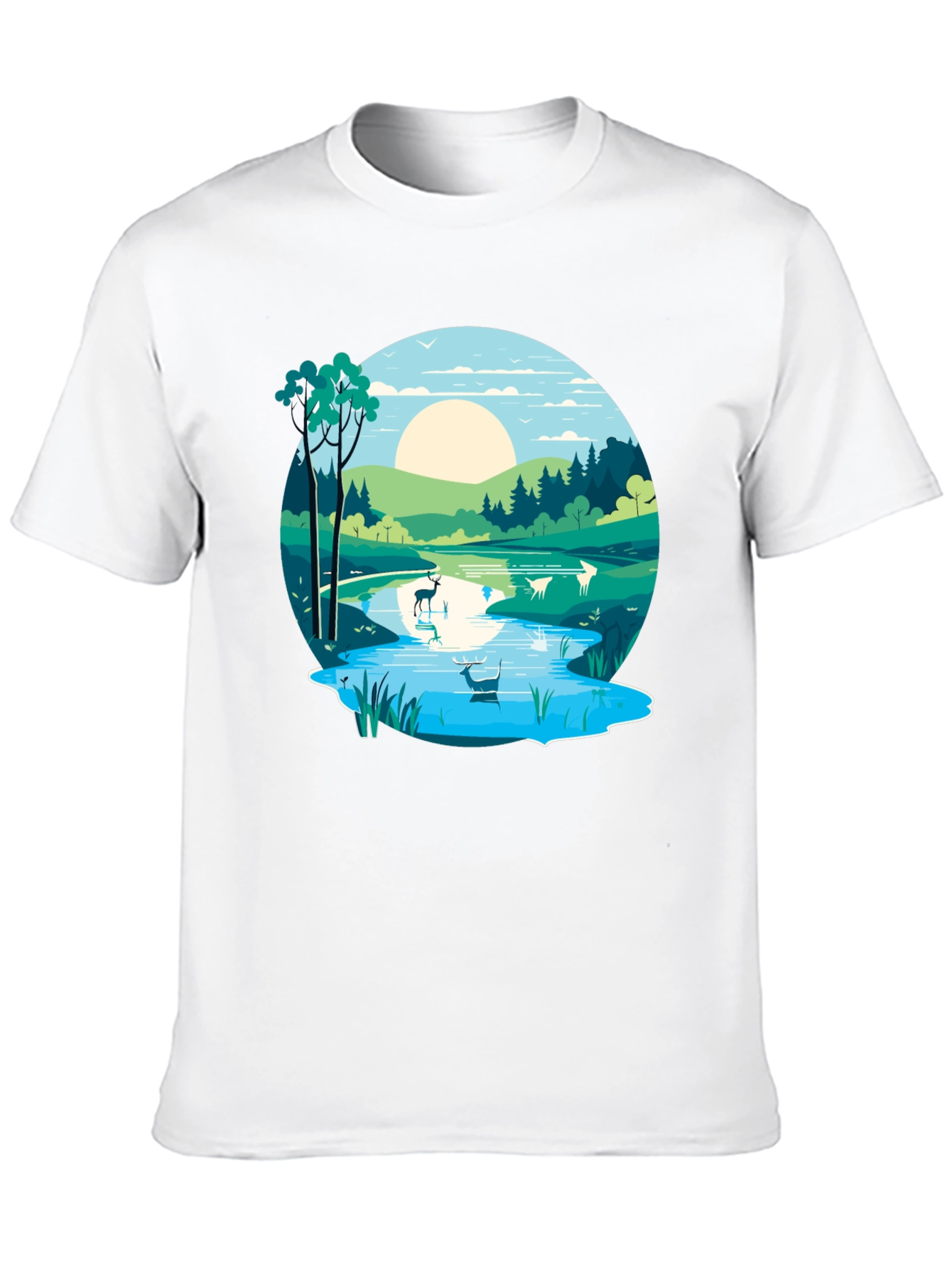 Nature Scene Graphic Tee - Lakeside Deer Design