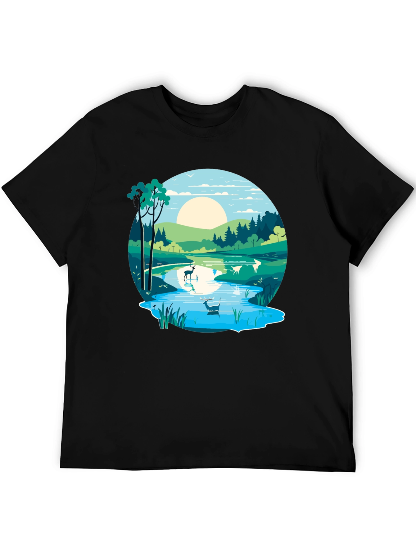 Nature Scene Graphic Tee - Lakeside Deer Design