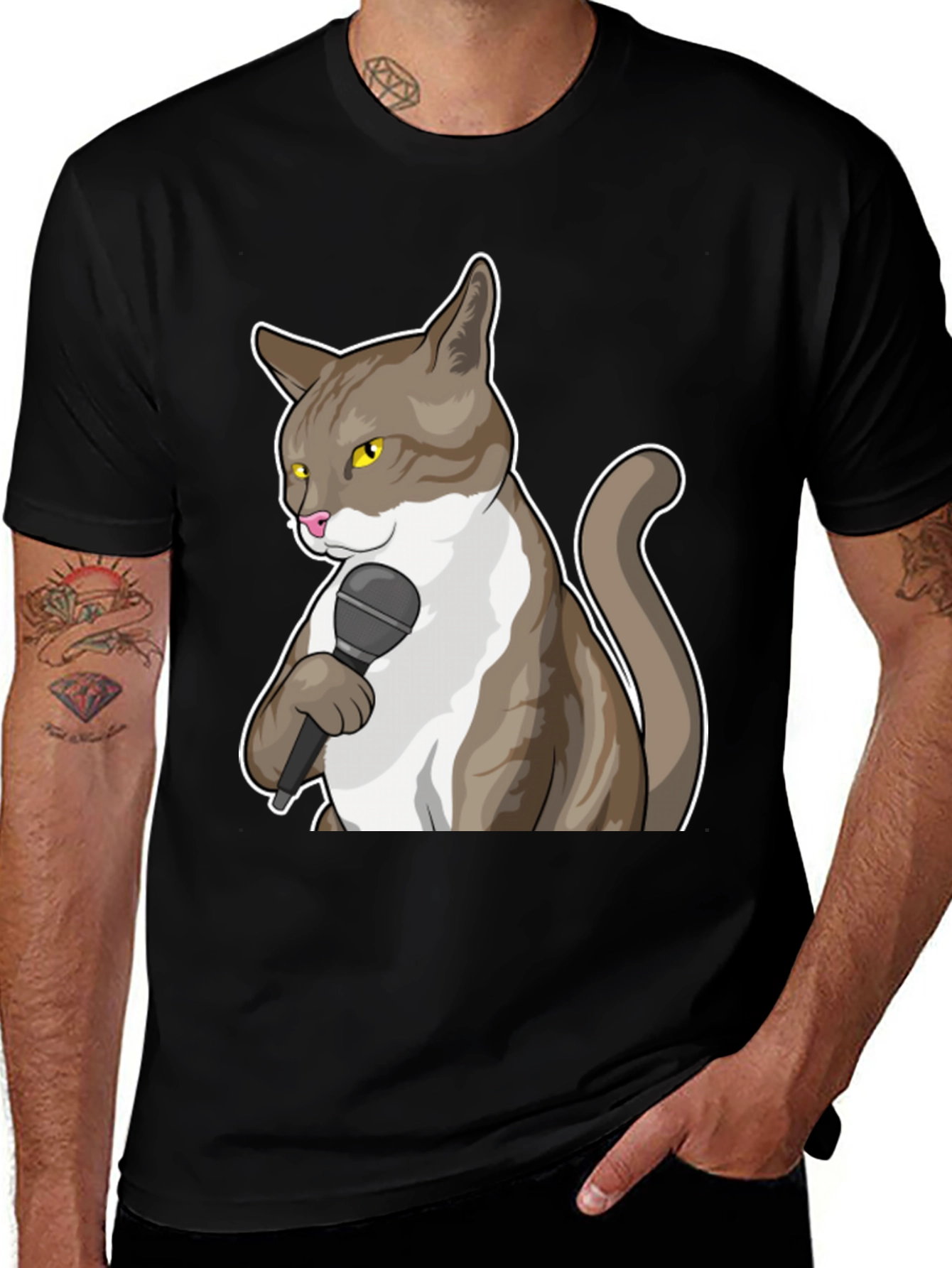 Funny Cat with Microphone Graphic T-Shirt