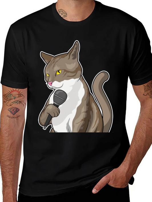 Funny Cat with Microphone Graphic T-Shirt