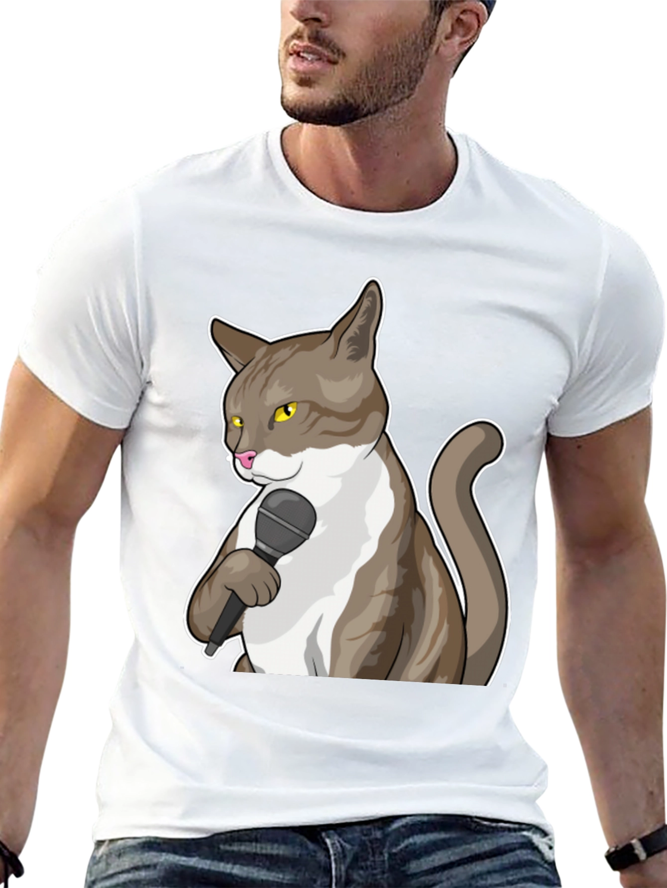 Funny Cat with Microphone Graphic T-Shirt