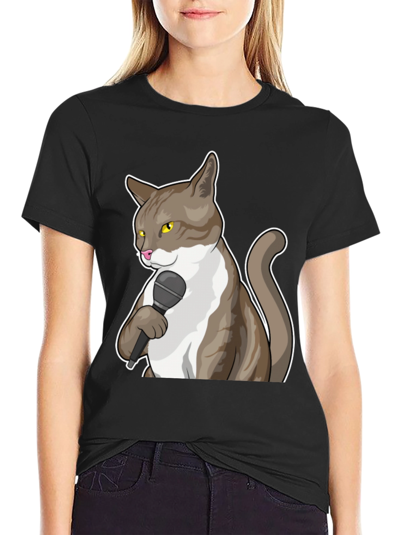 Funny Cat with Microphone Graphic T-Shirt