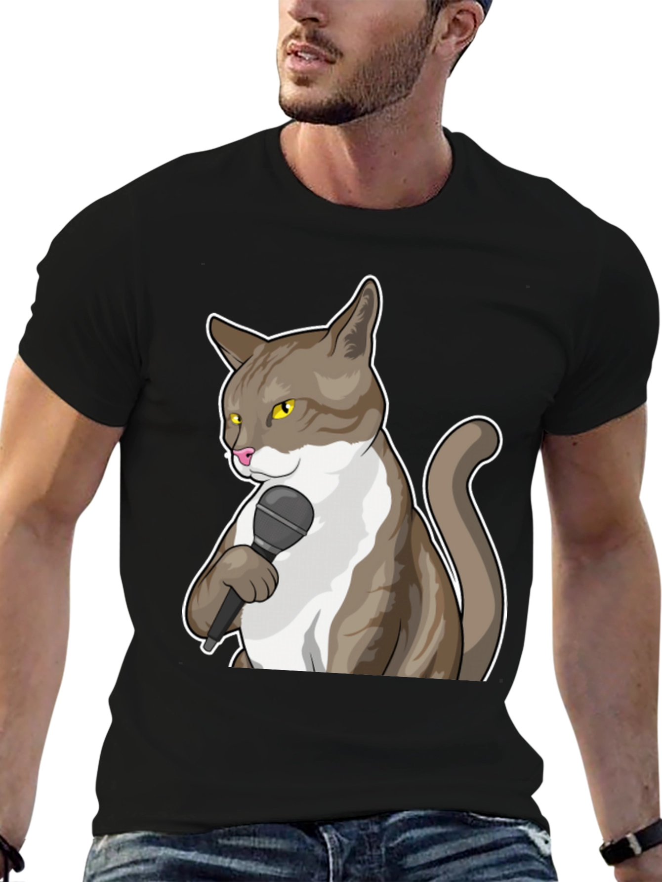 Funny Cat with Microphone Graphic T-Shirt