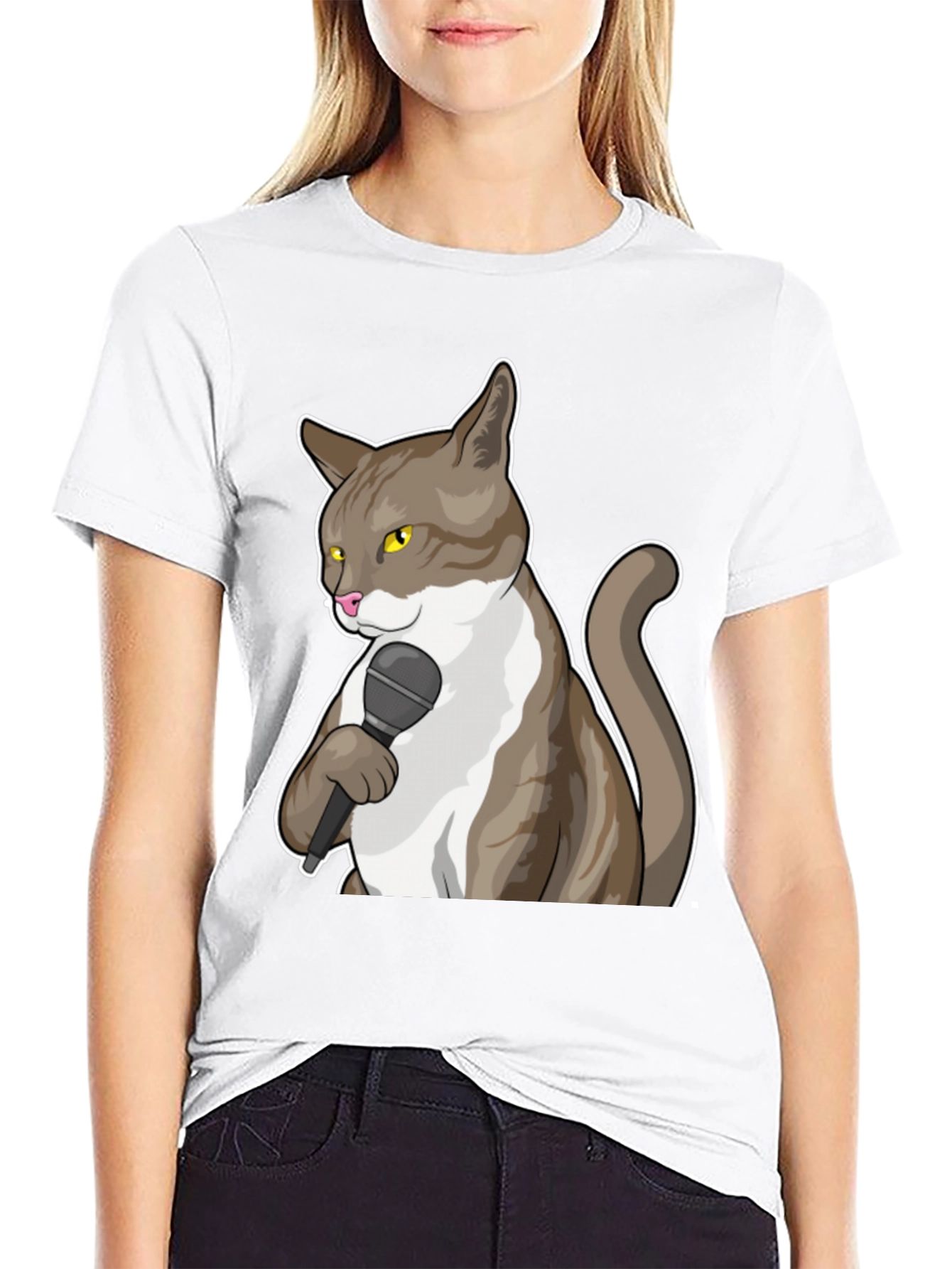 Funny Cat with Microphone Graphic T-Shirt