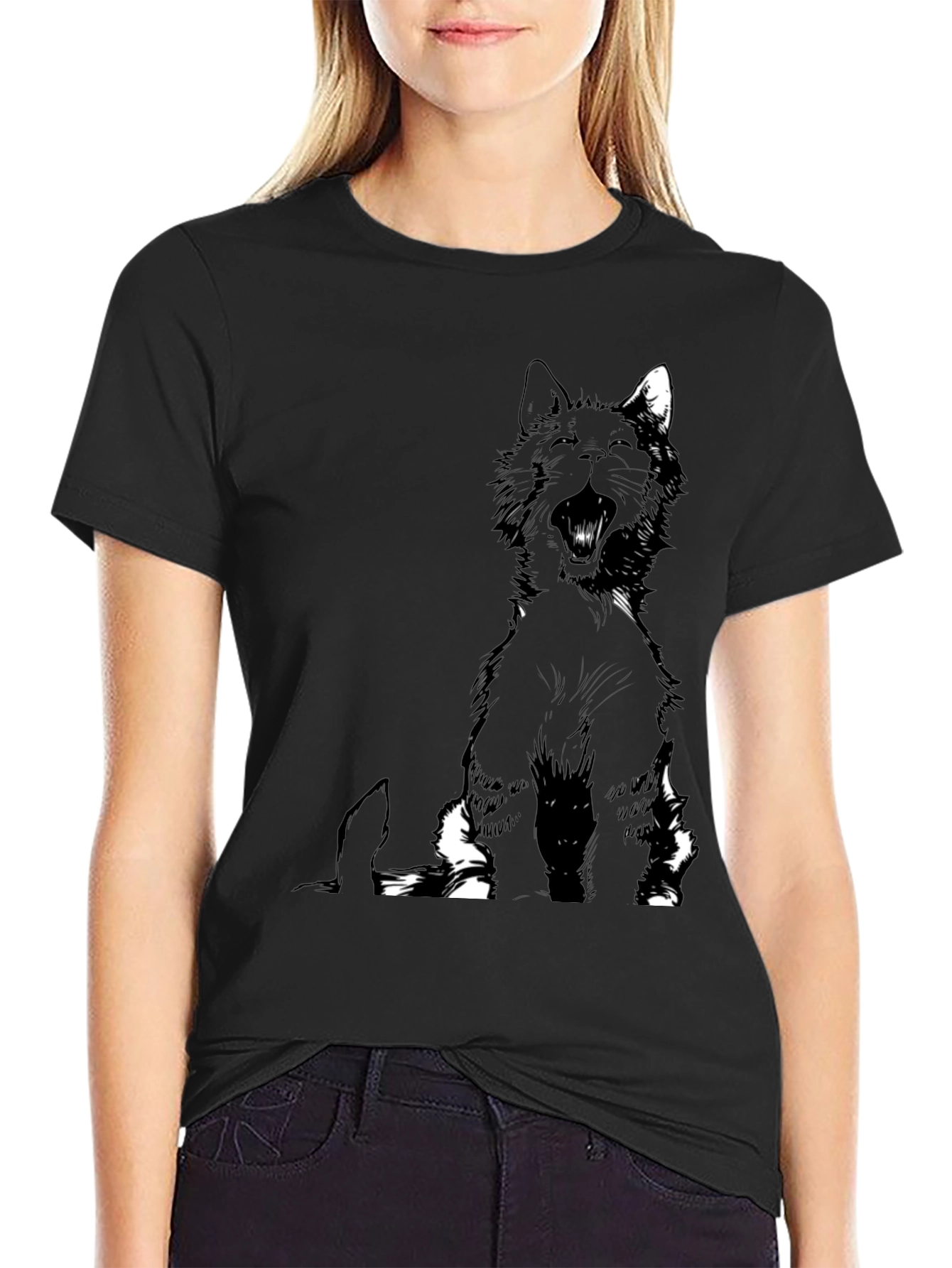 Black Cat Yawning Graphic Tee