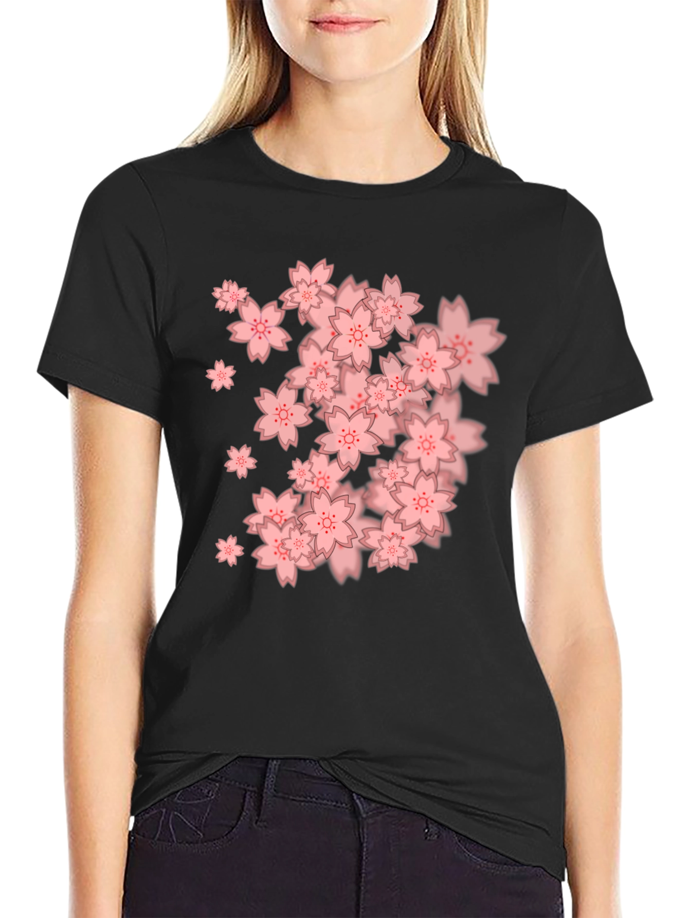 Sakura Blossom Graphic Tee - Black Cotton Blend