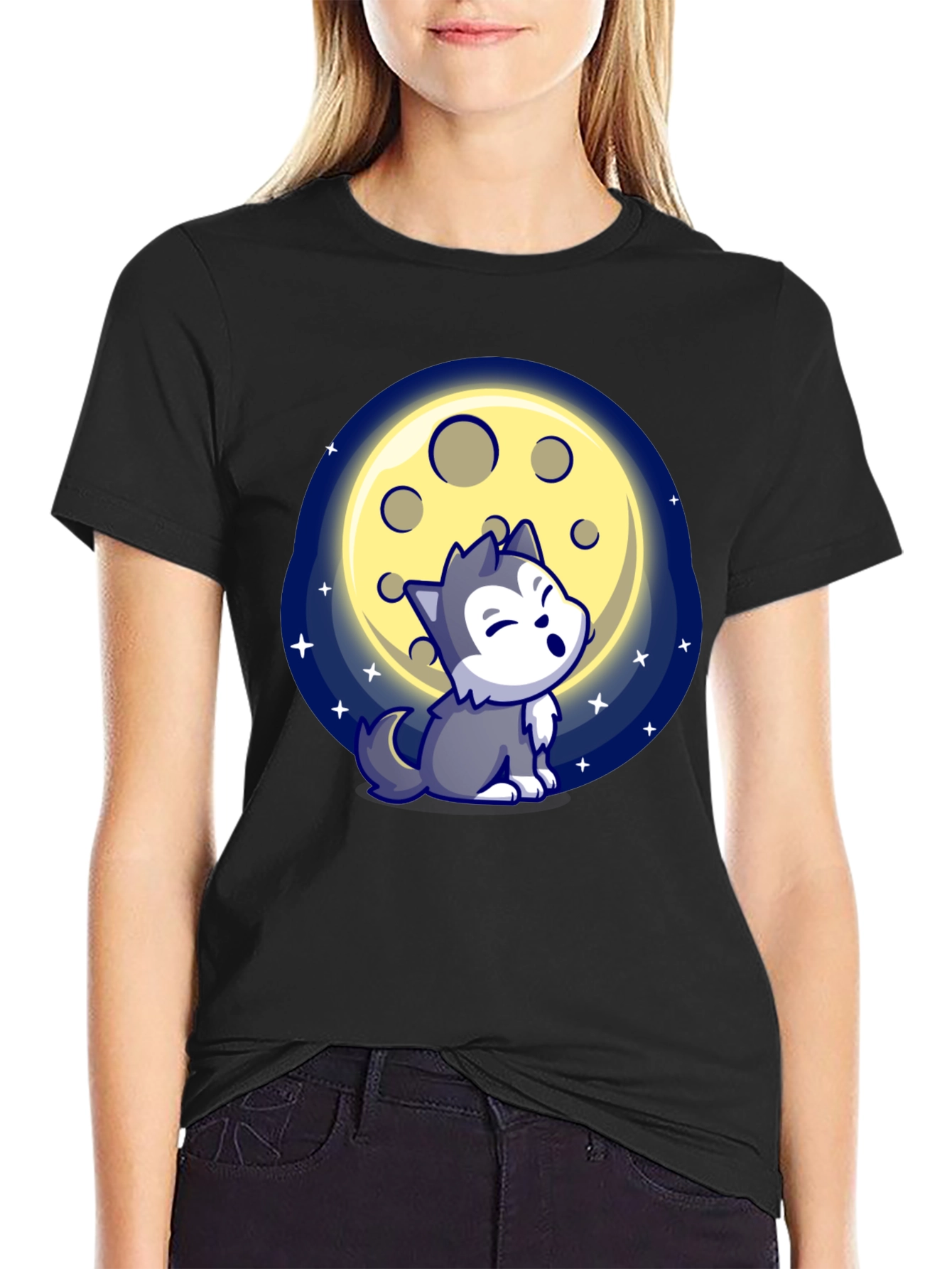 Cartoon Wolf Howling at Moon T-Shirt