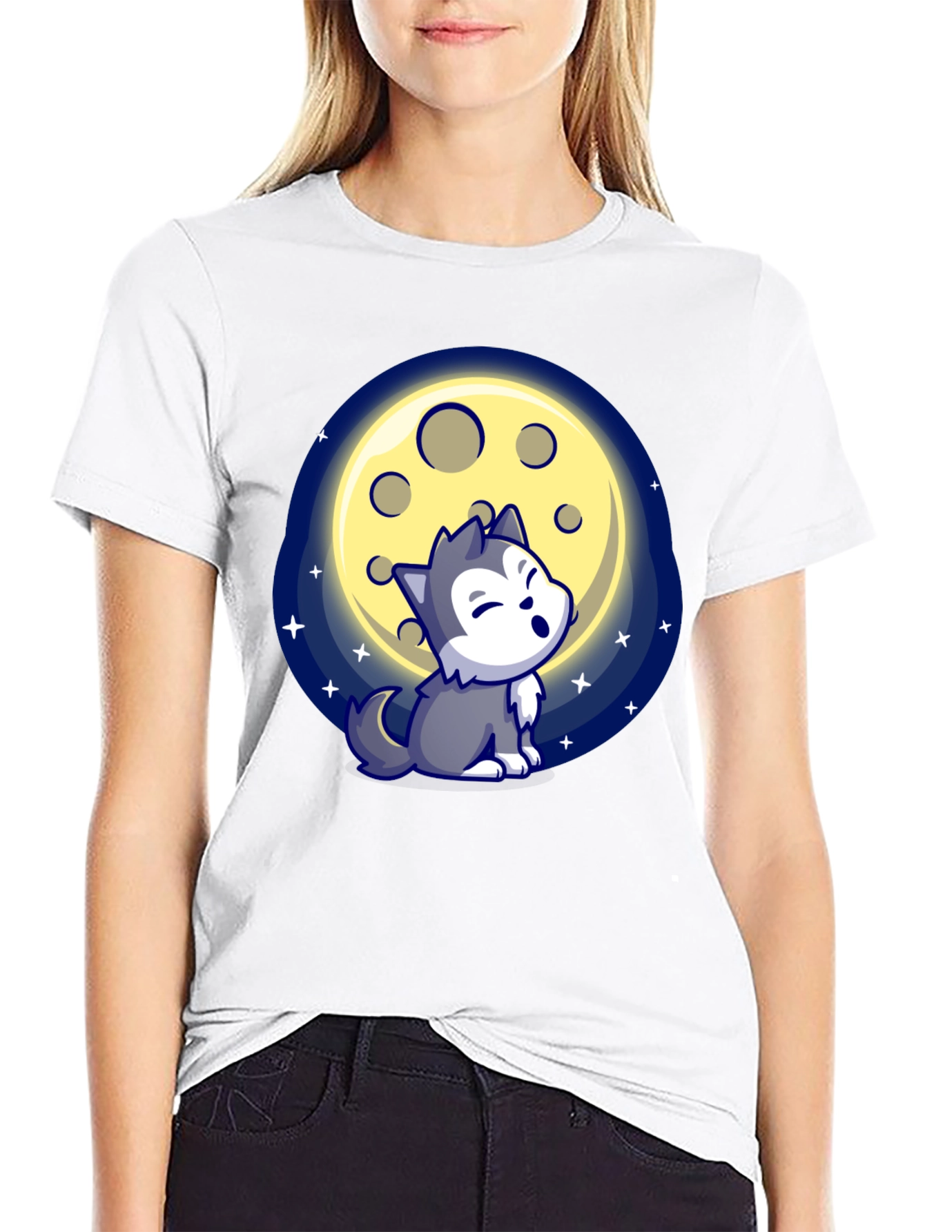 Cartoon Wolf Howling at Moon T-Shirt