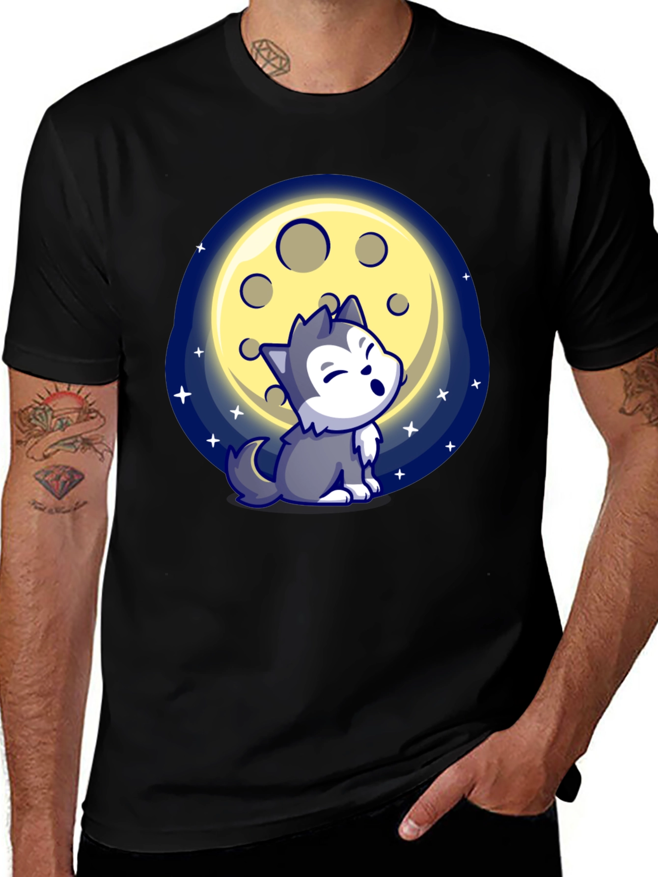 Cartoon Wolf Howling at Moon T-Shirt