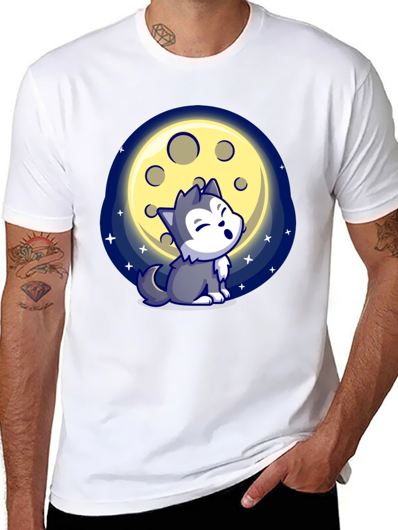 Cartoon Wolf Howling at Moon T-Shirt