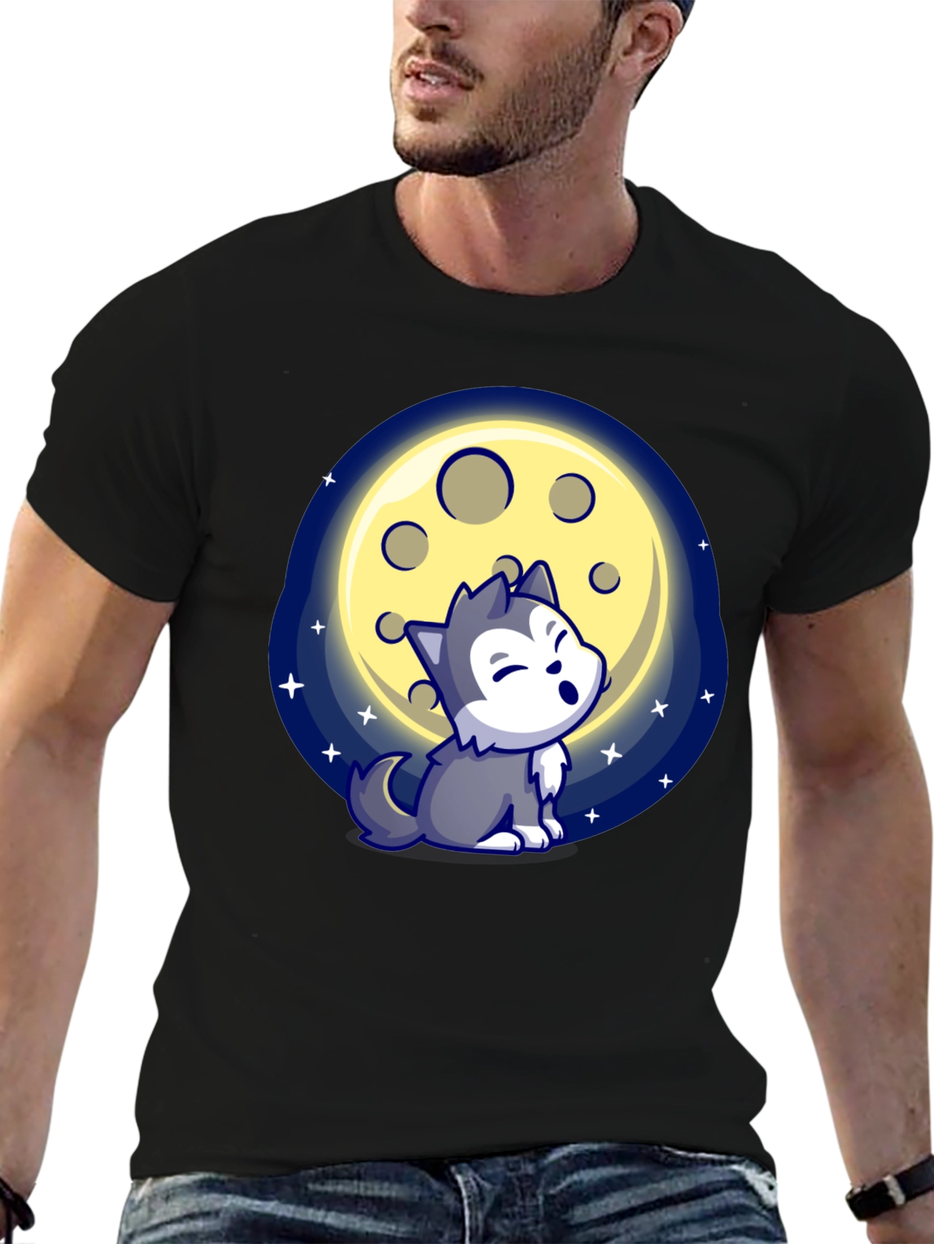 Cartoon Wolf Howling at Moon T-Shirt