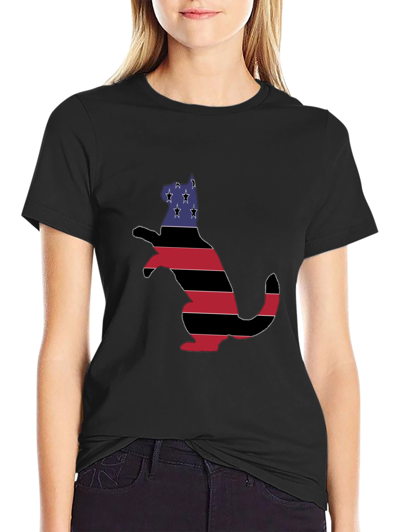 Patriotic Cat USA Flag T-Shirt - Black