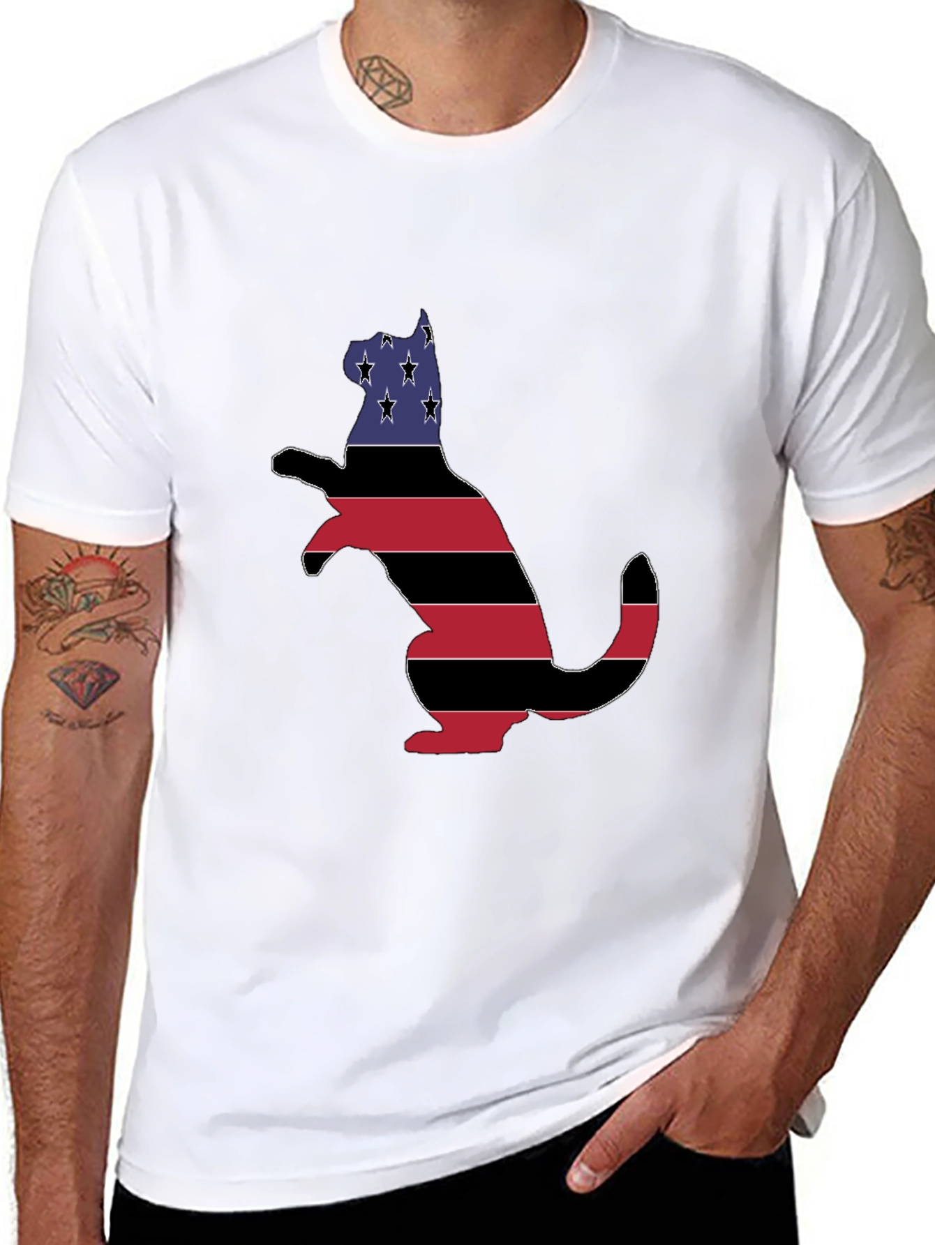 Patriotic Cat USA Flag T-Shirt - Black