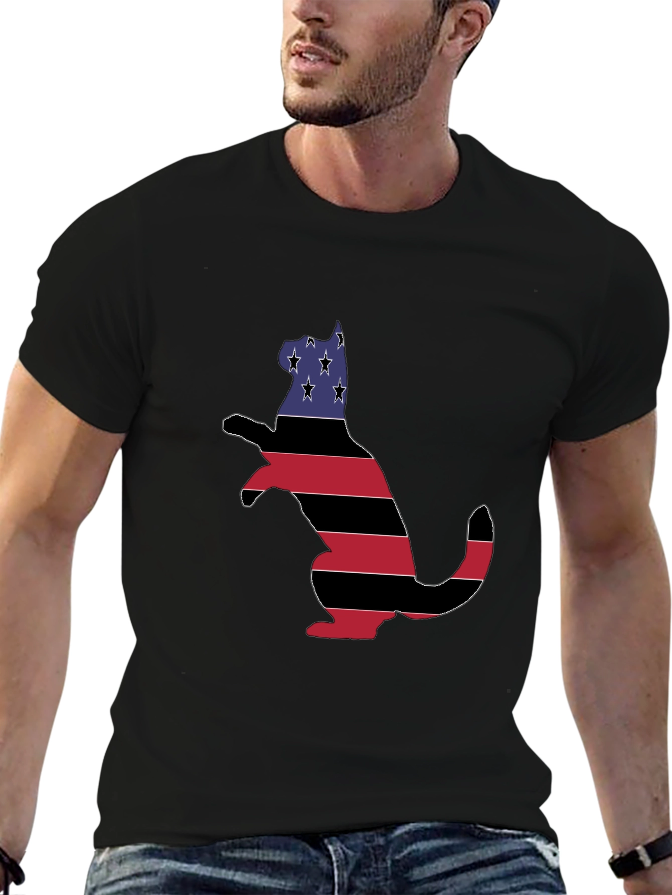 Patriotic Cat USA Flag T-Shirt - Black
