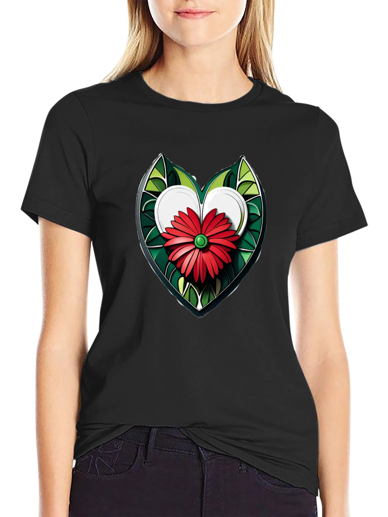 Heart Flower Graphic Black T-Shirt