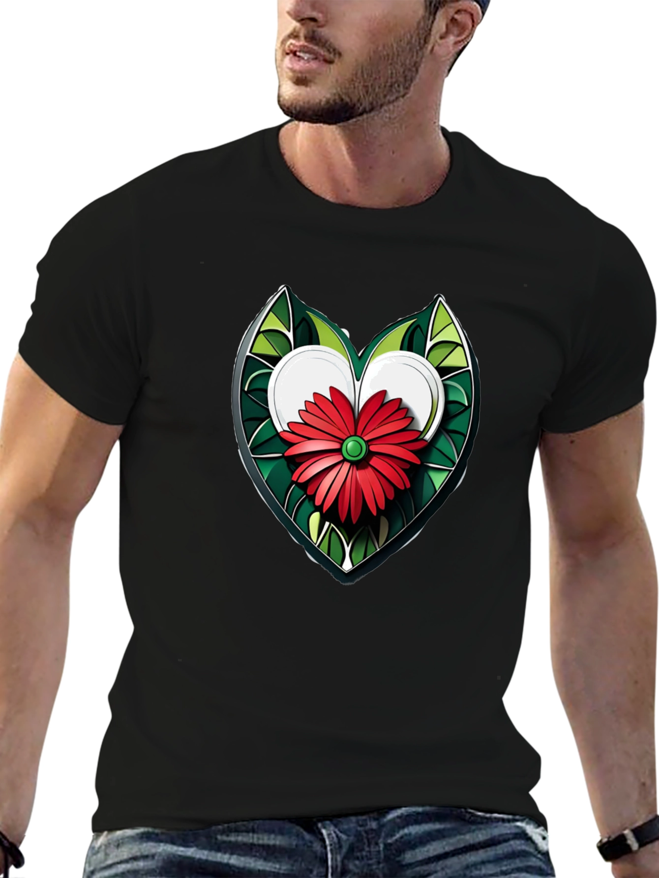 Heart Flower Graphic Black T-Shirt