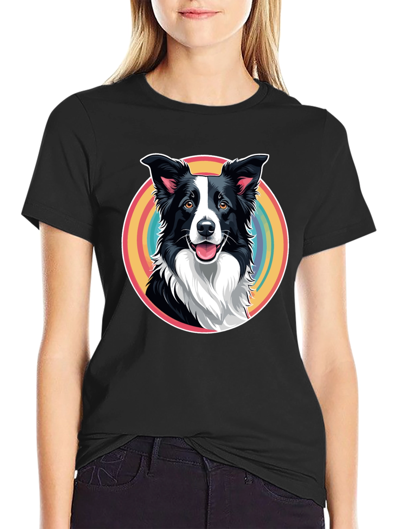 Border Collie Rainbow Circle Graphic T-Shirt