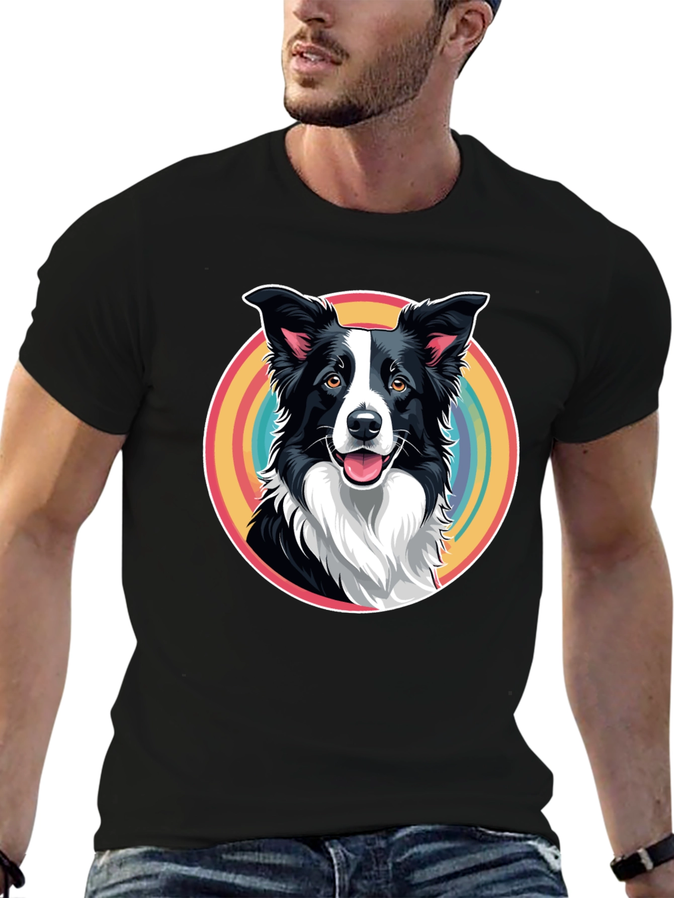 Border Collie Rainbow Circle Graphic T-Shirt