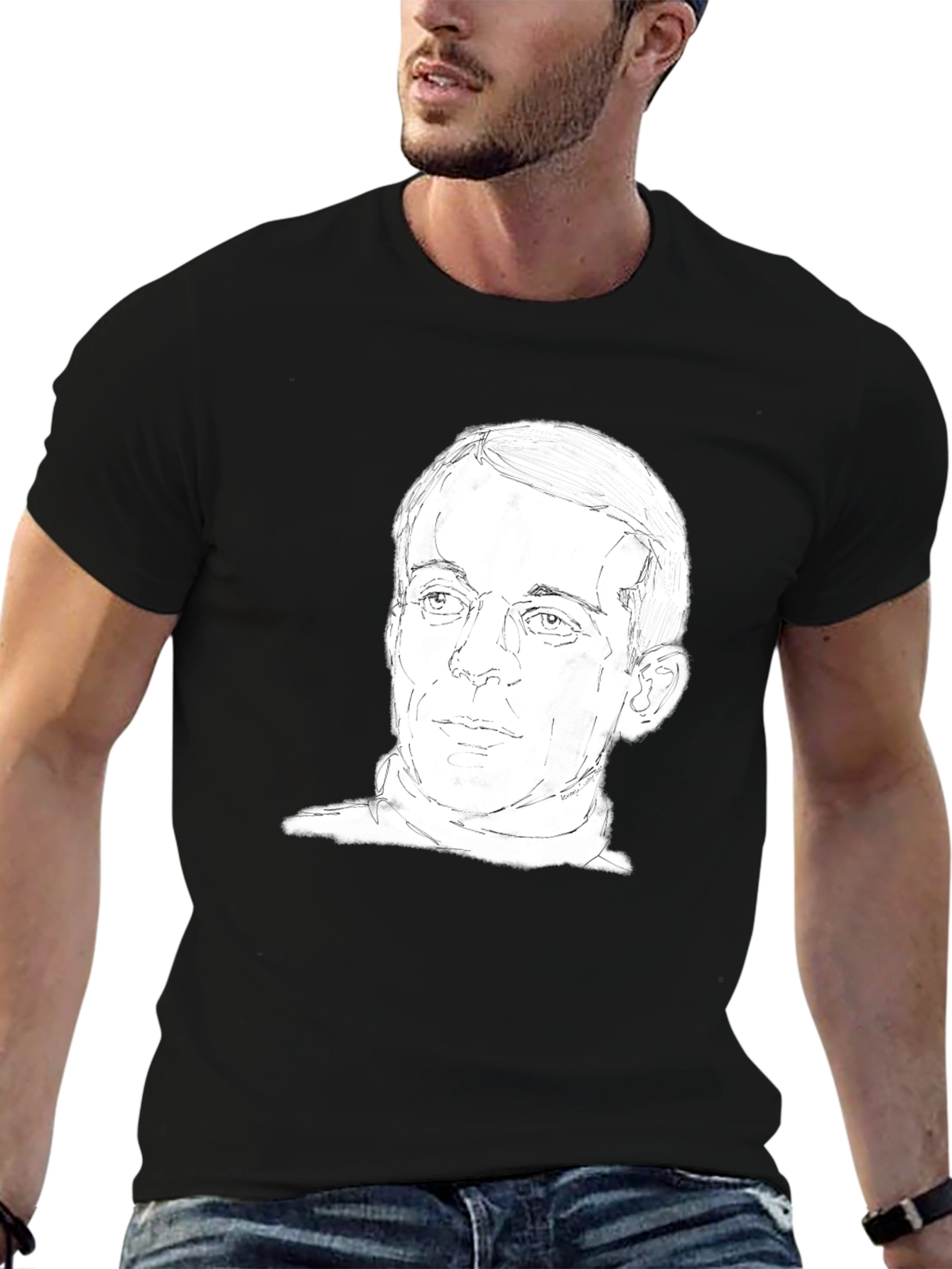 Mens Black T-Shirt with Face Sketch