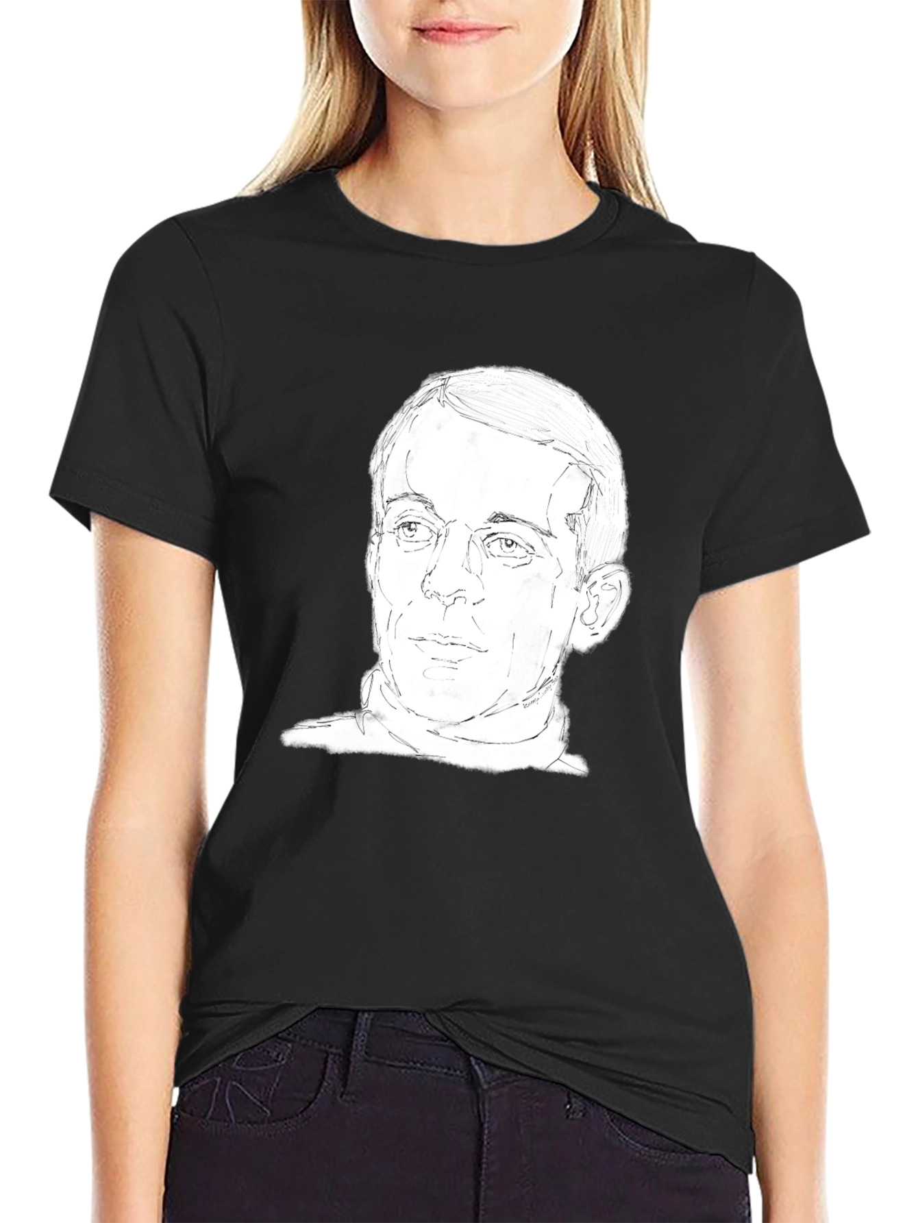 Mens Black T-Shirt with Face Sketch