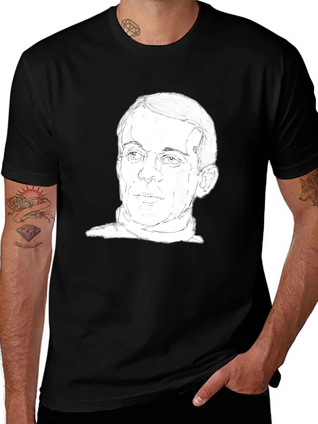 Mens Black T-Shirt with Face Sketch