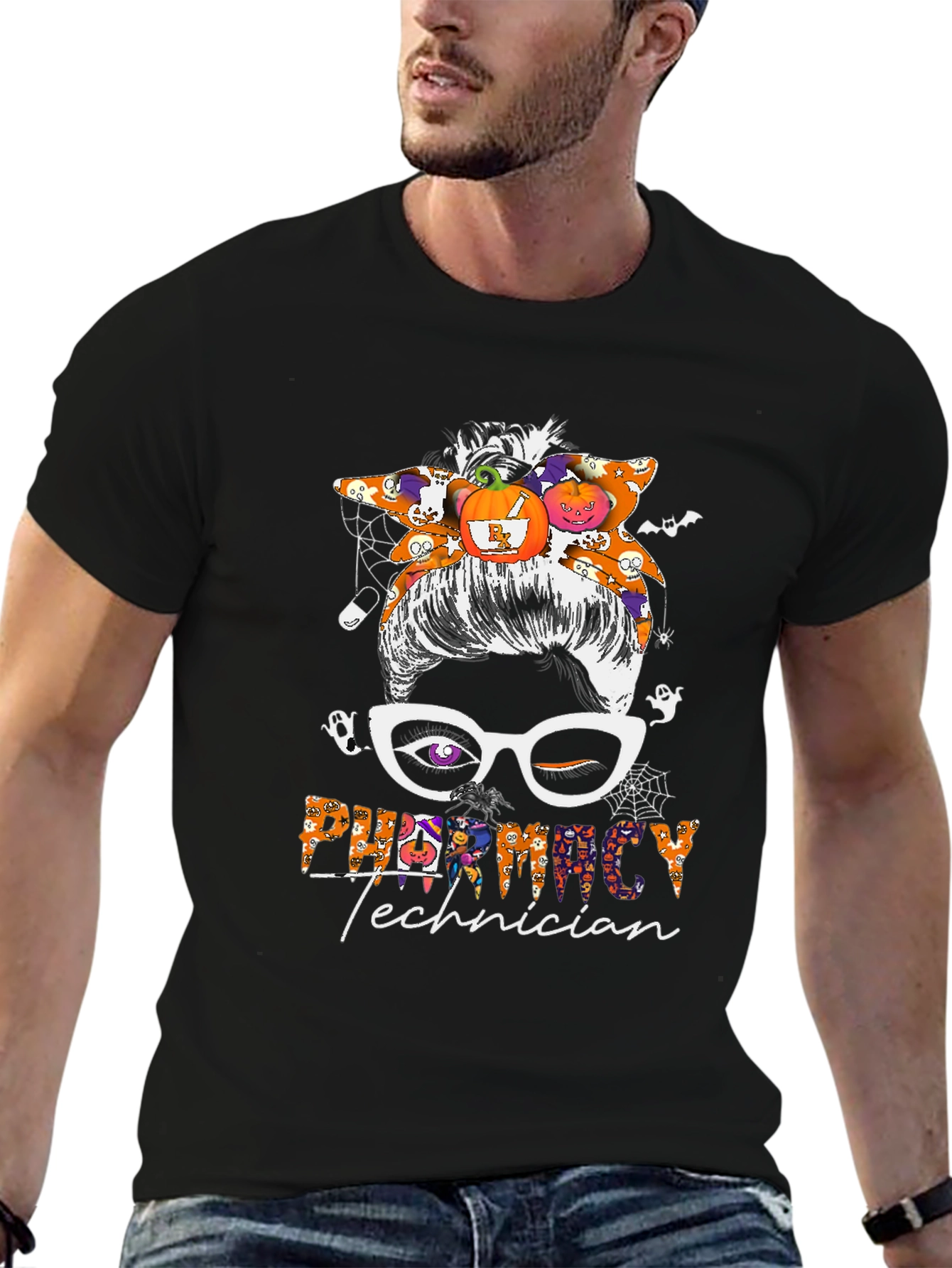 Pharmacy Technician Halloween Messy Bun T-Shirt