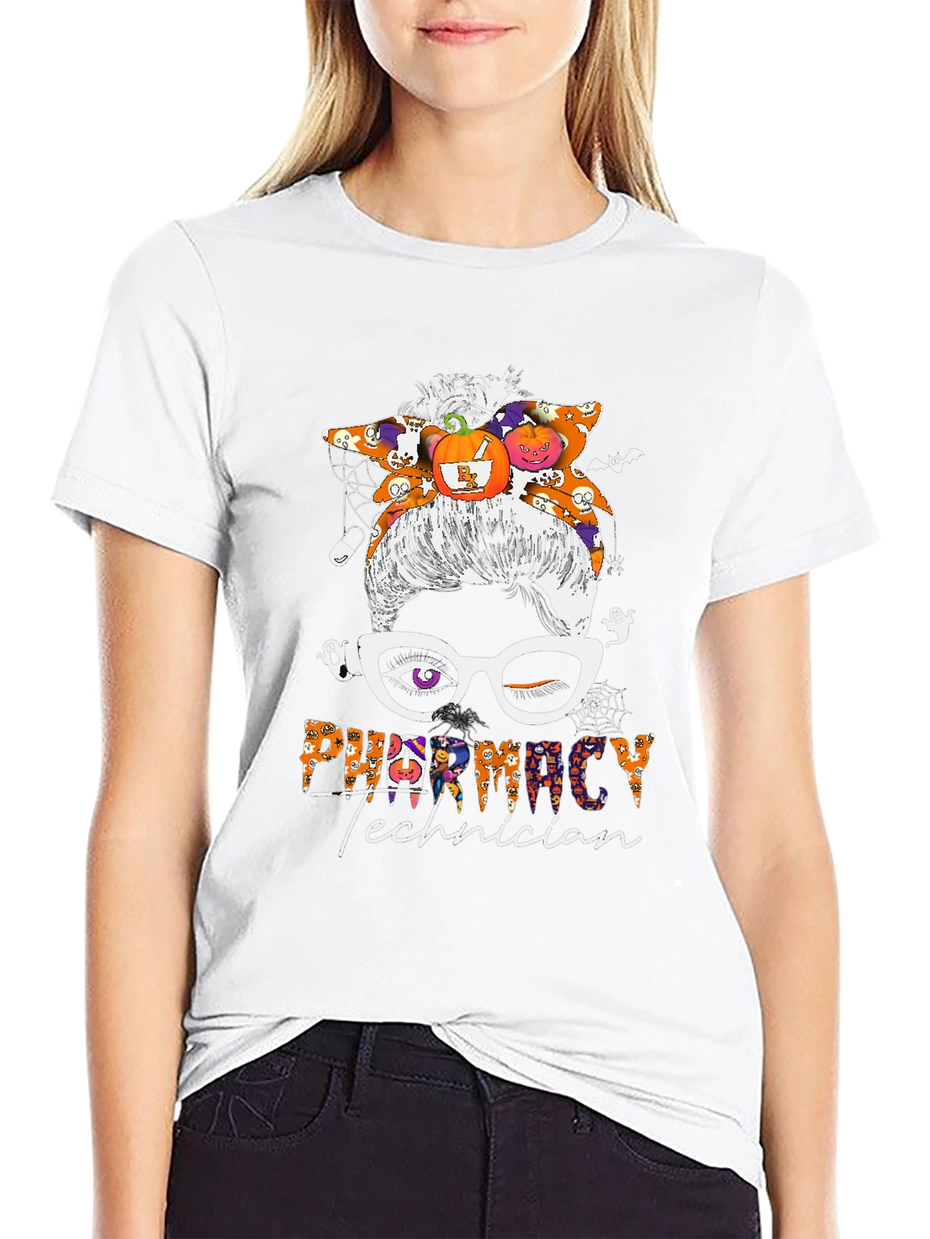 Pharmacy Technician Halloween Messy Bun T-Shirt