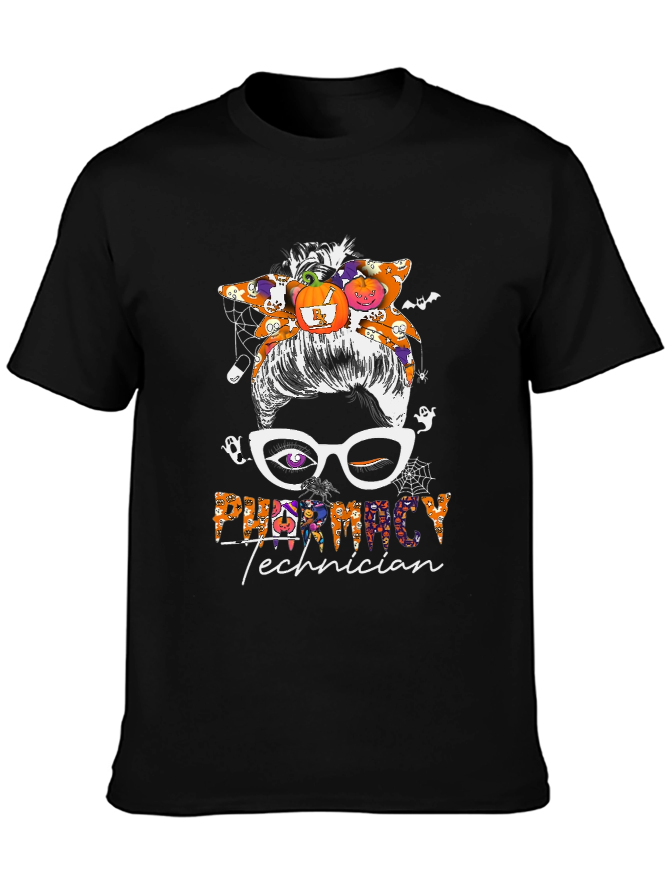 Pharmacy Technician Halloween Messy Bun T-Shirt