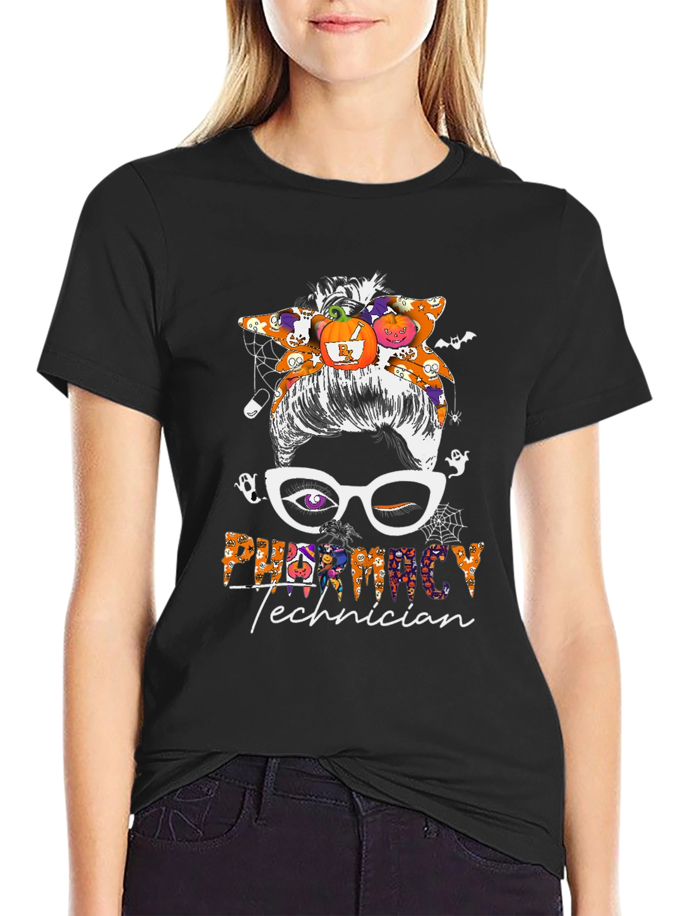 Pharmacy Technician Halloween Messy Bun T-Shirt