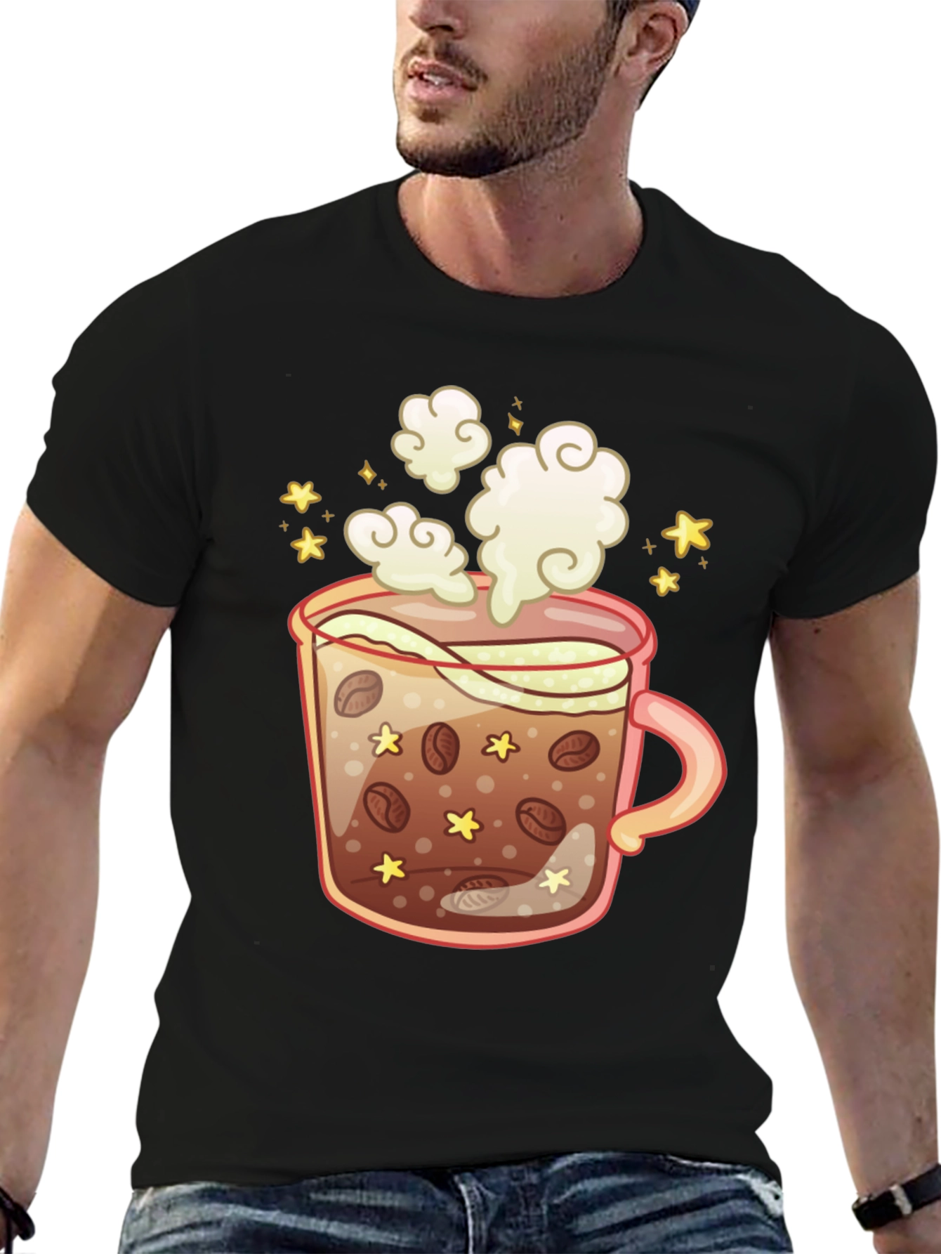 Coffee Cup Graphic Tee - Black Cotton T-Shirt