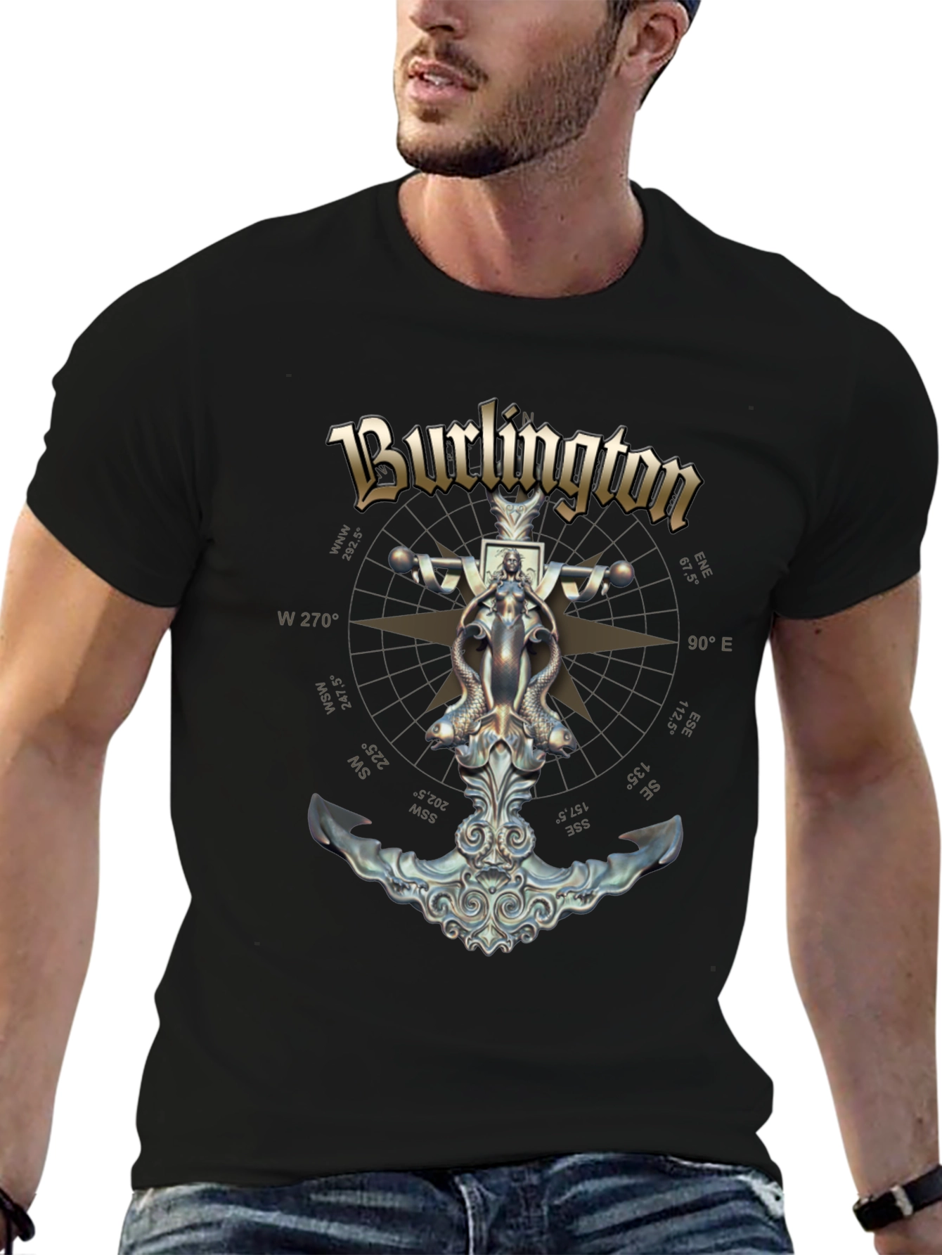 Burlington Nautical Compass Anchor Black T-Shirt