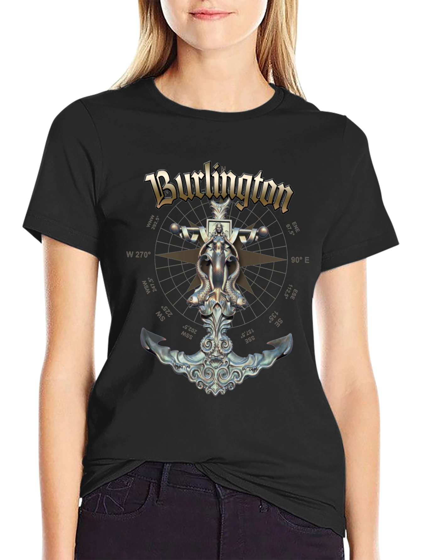 Burlington Nautical Compass Anchor Black T-Shirt