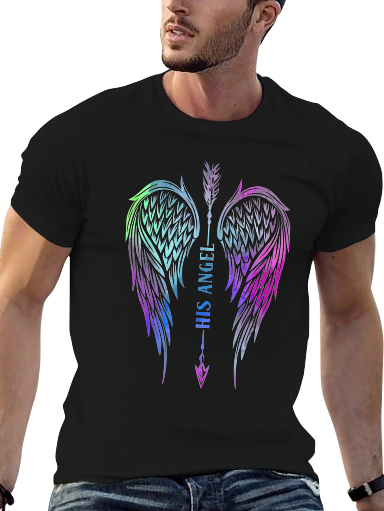 His Angel Wings Graphic Tee - Black Cotton T-Shirt
