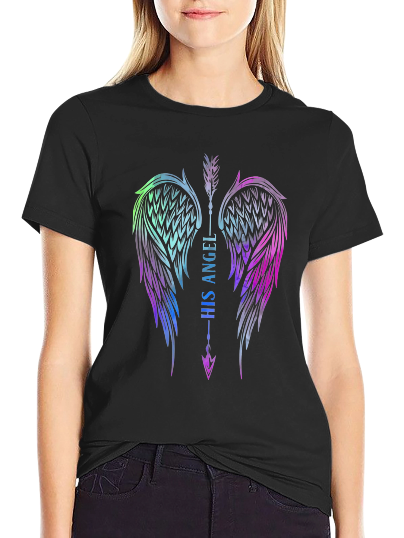 His Angel Wings Graphic Tee - Black Cotton T-Shirt