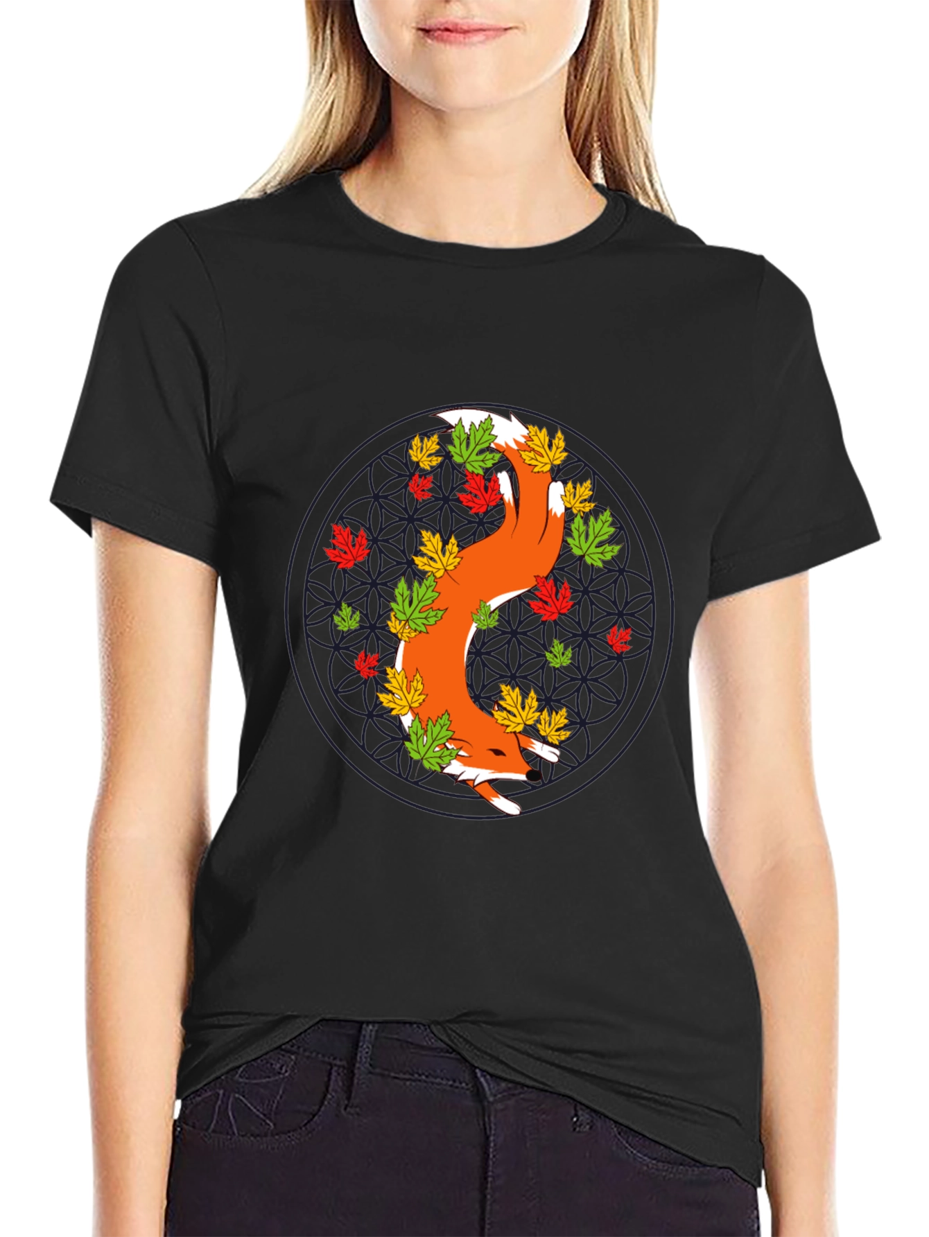 Fox and Fall Leaves Graphic Tee - Black
