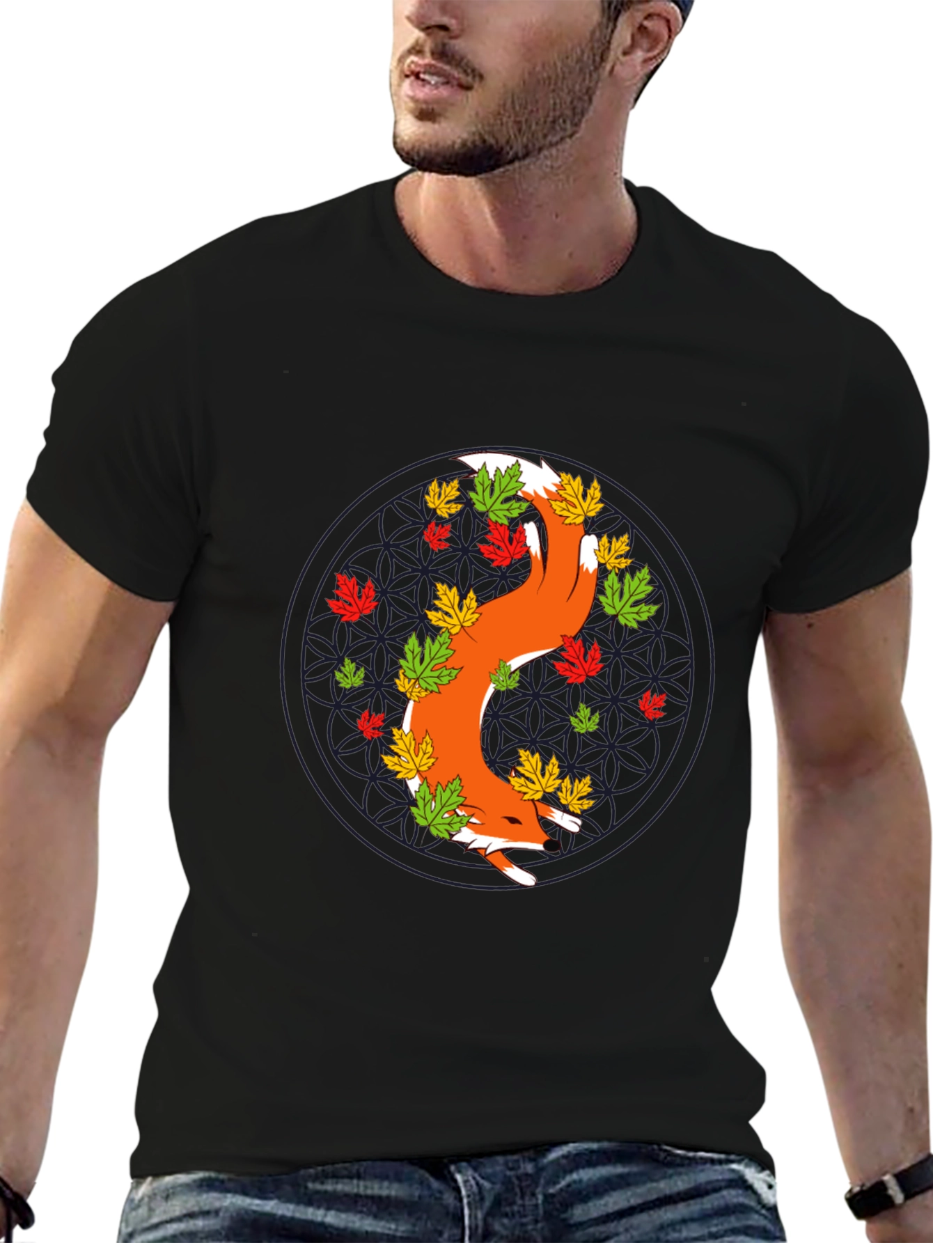 Fox and Fall Leaves Graphic Tee - Black