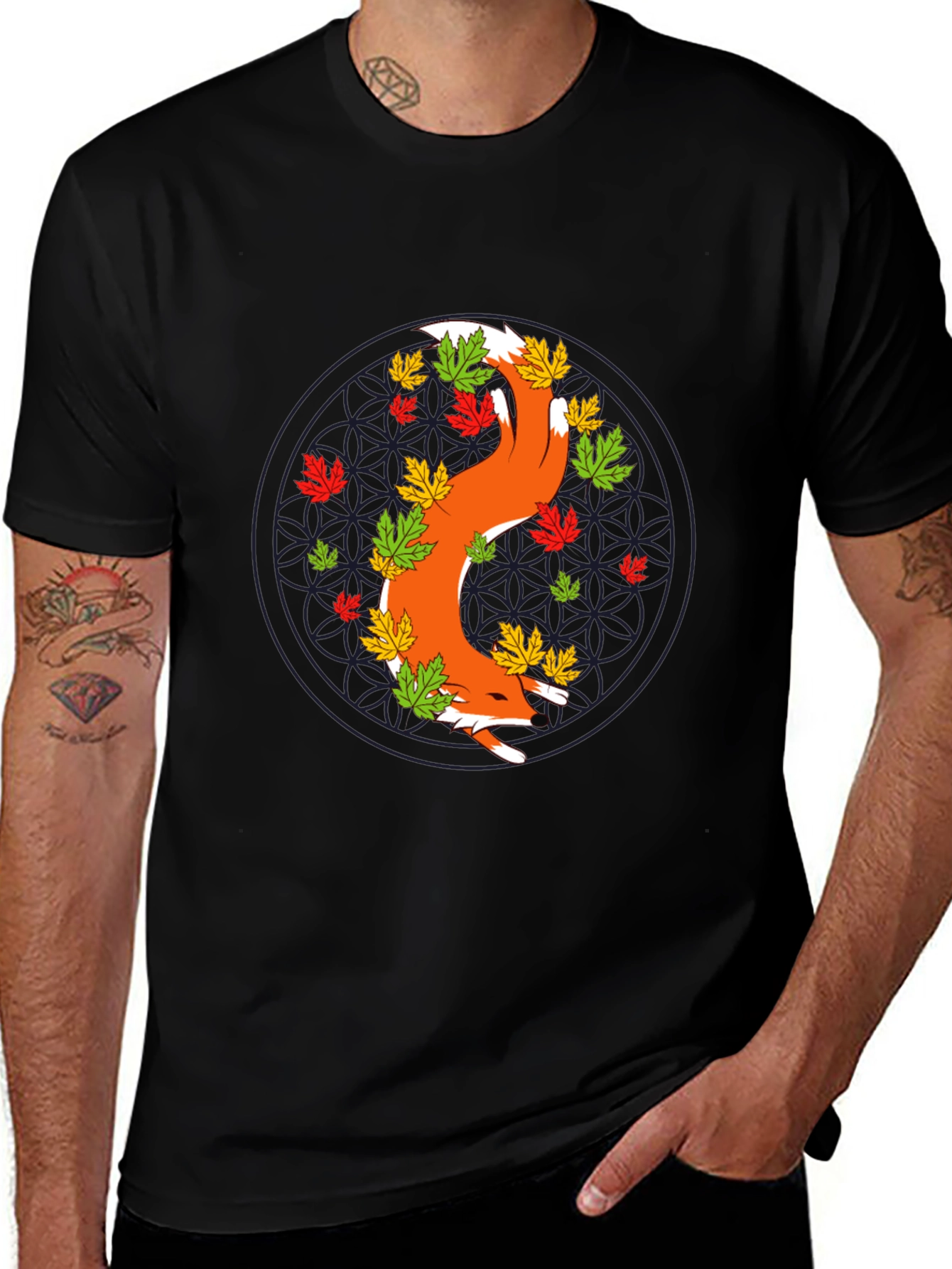 Fox and Fall Leaves Graphic Tee - Black