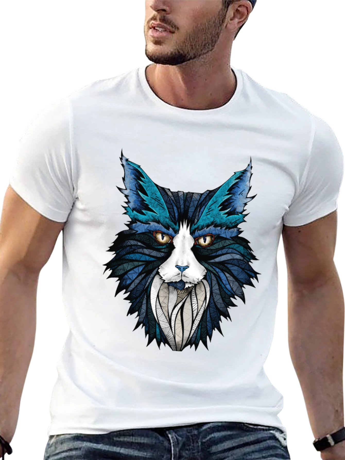 Abstract Cat Graphic T-Shirt - Stylish Mens Tee