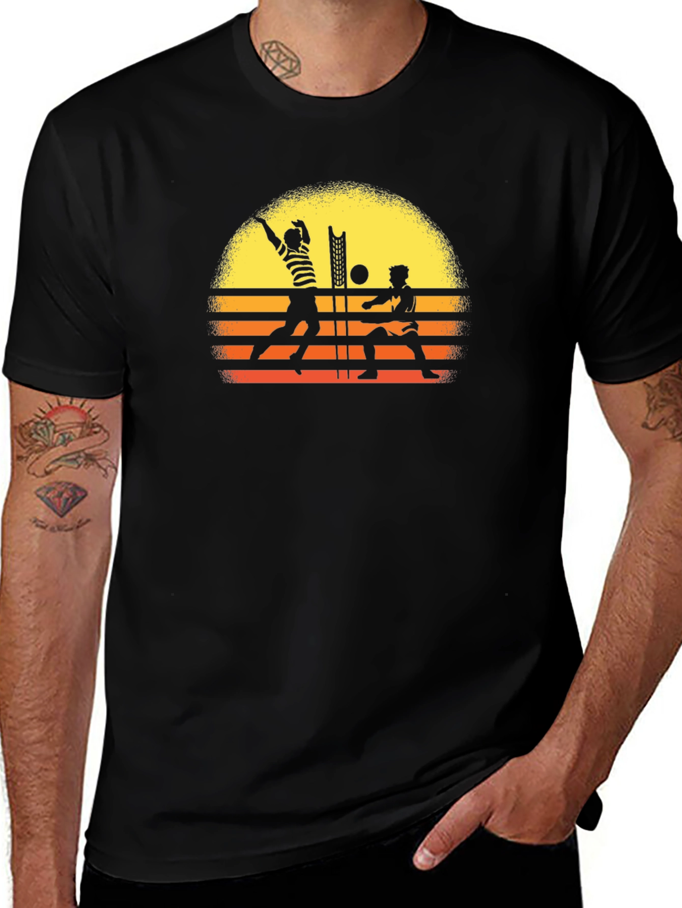 Retro Volleyball Sunset Graphic Tee - Black