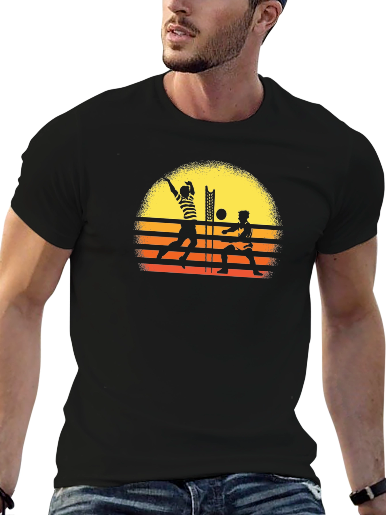 Retro Volleyball Sunset Graphic Tee - Black