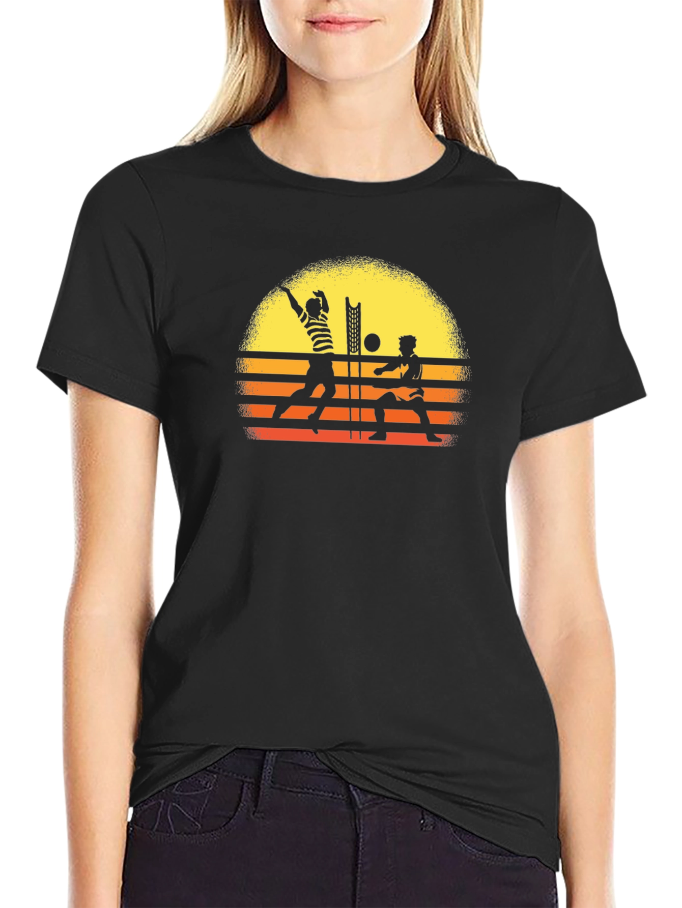 Retro Volleyball Sunset Graphic Tee - Black