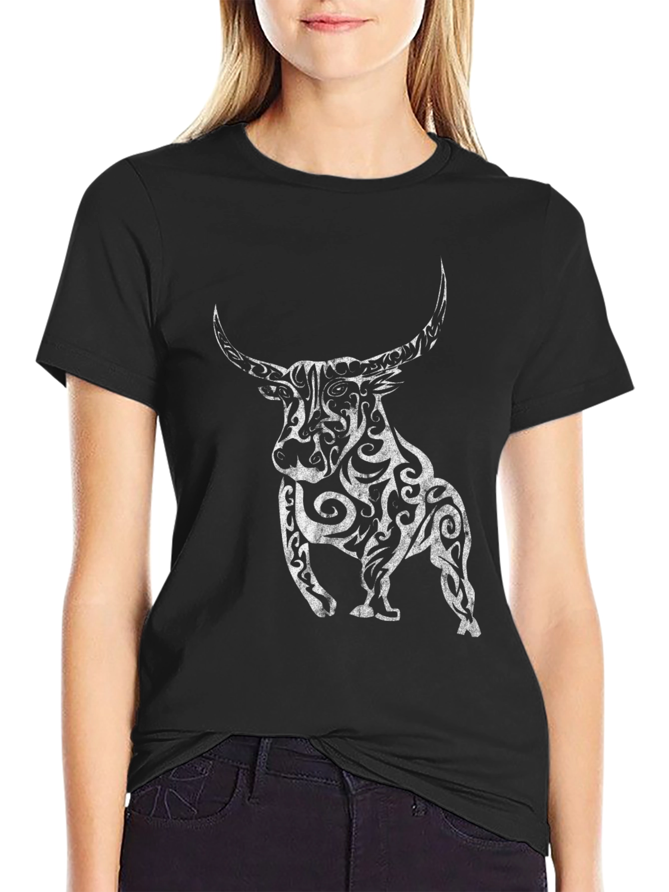 Black T-Shirt with Ornate Bull Graphic