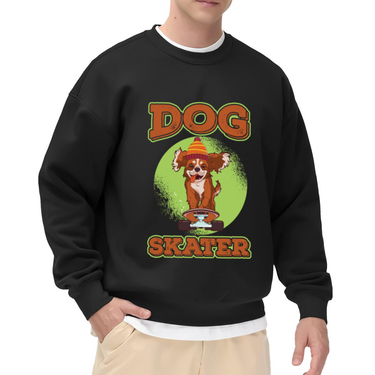Cartoon Dog on Skateboard Graphic - Crewneck Sweatshirt | Dog Lover, Dog Gift, Animal Design Gift
