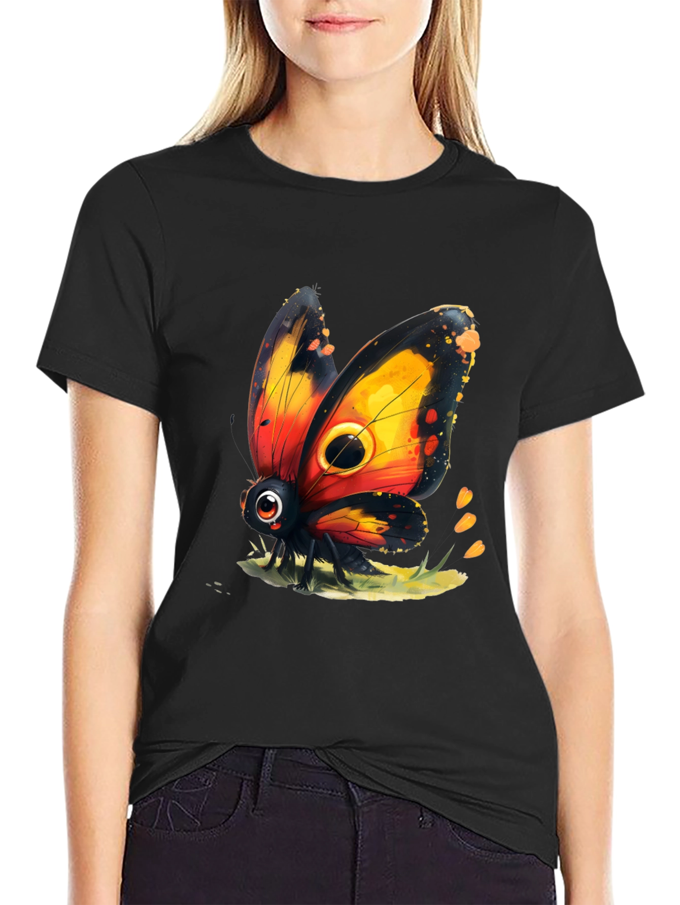 Cartoon Butterfly Graphic Black T-Shirt