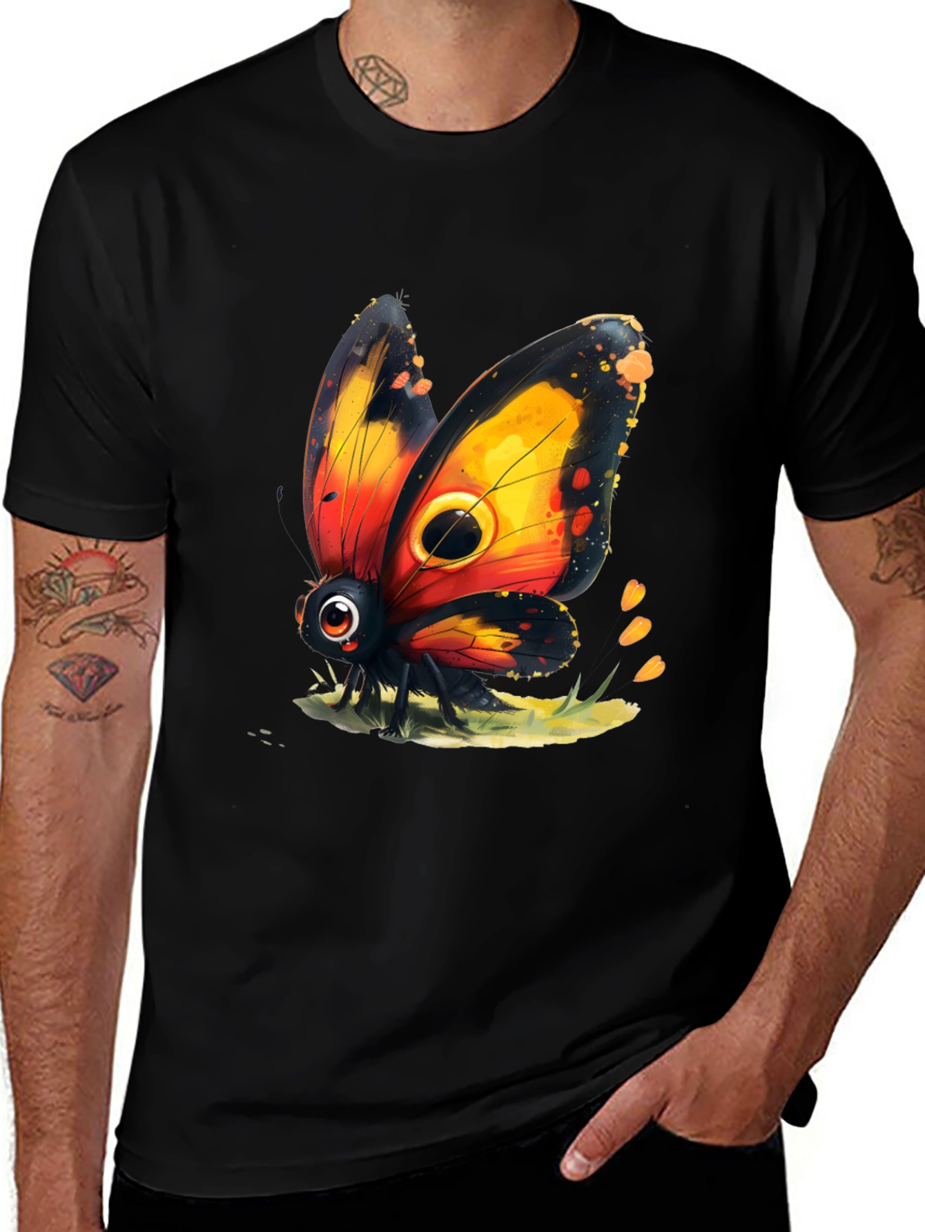 Cartoon Butterfly Graphic Black T-Shirt