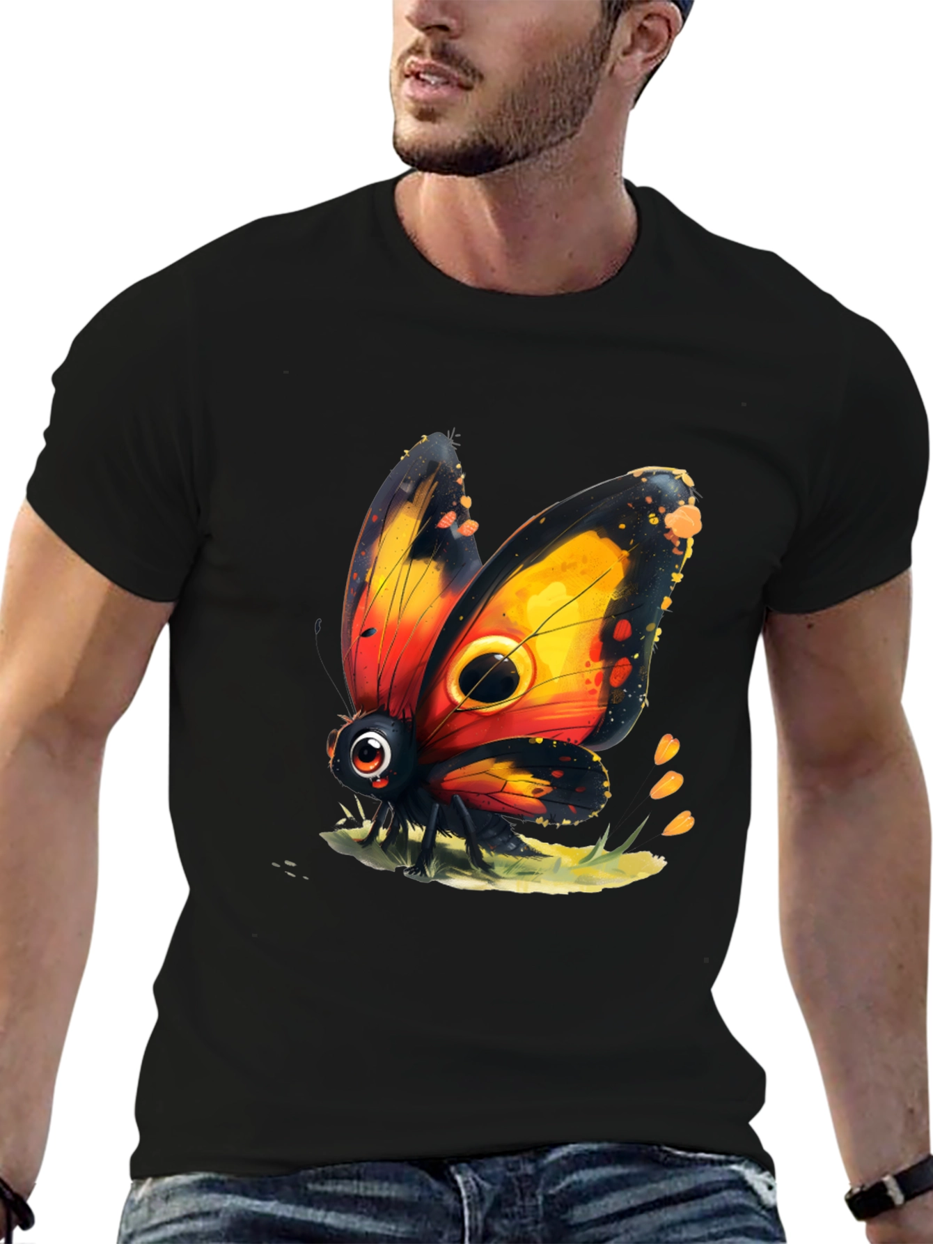 Cartoon Butterfly Graphic Black T-Shirt