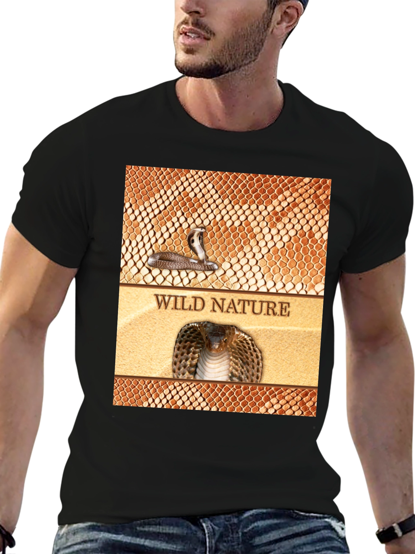 Wild Nature Snake Print Black T-Shirt